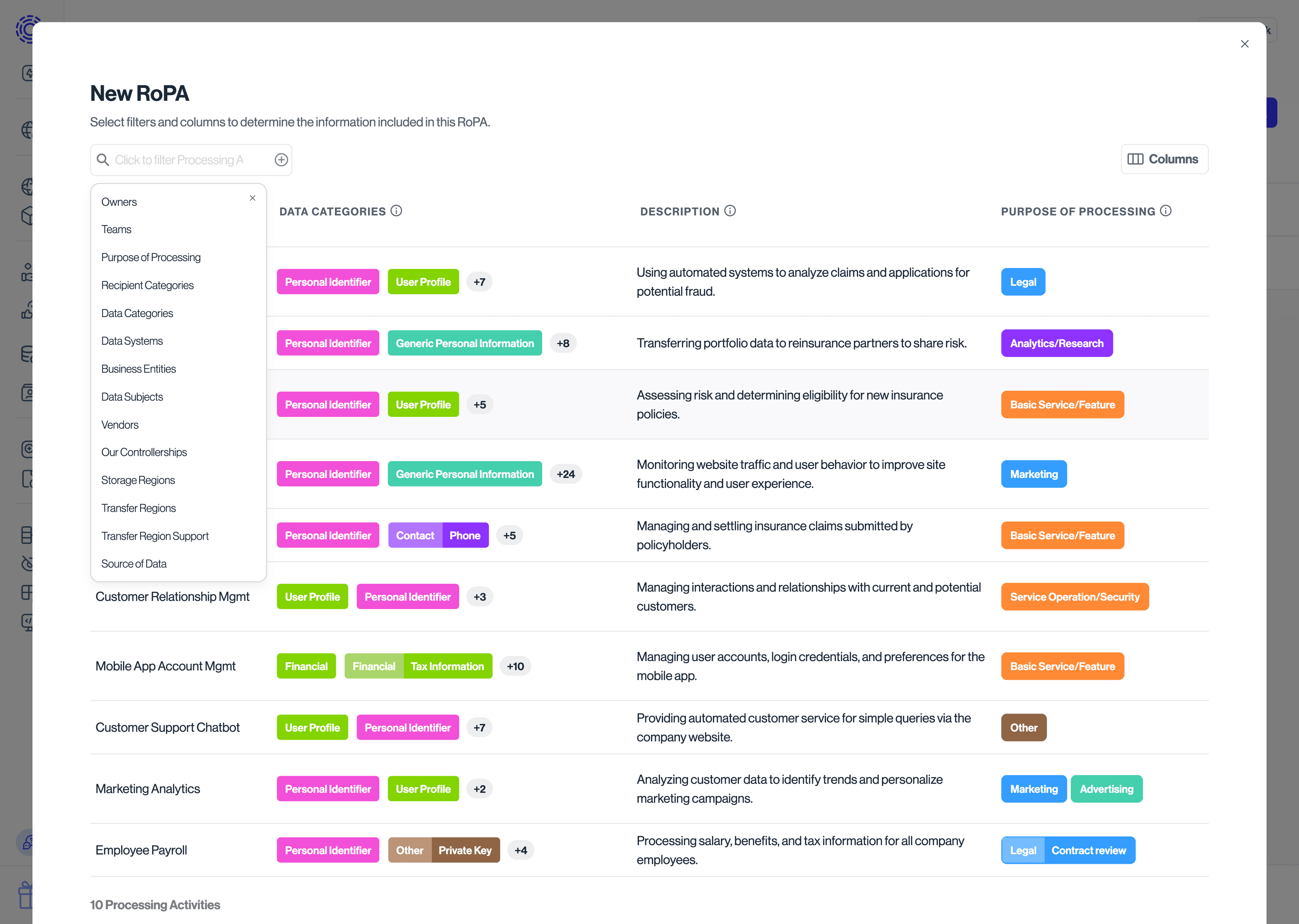 RoPA create new RoPA Modal, select Processing Activities screen