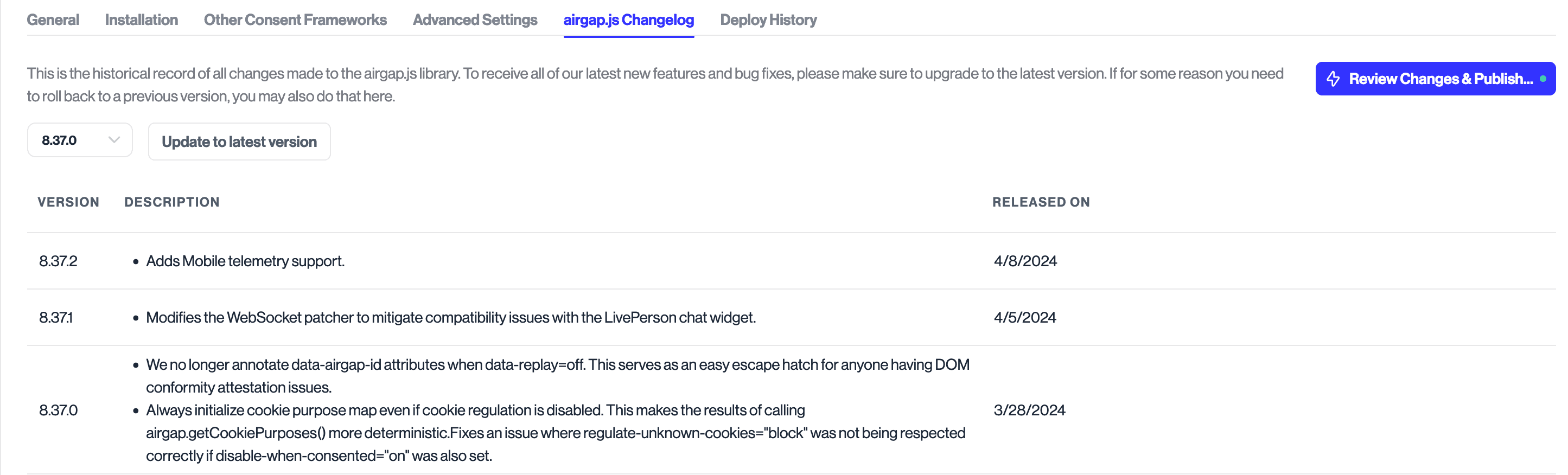 Changelog table for airgap.js
