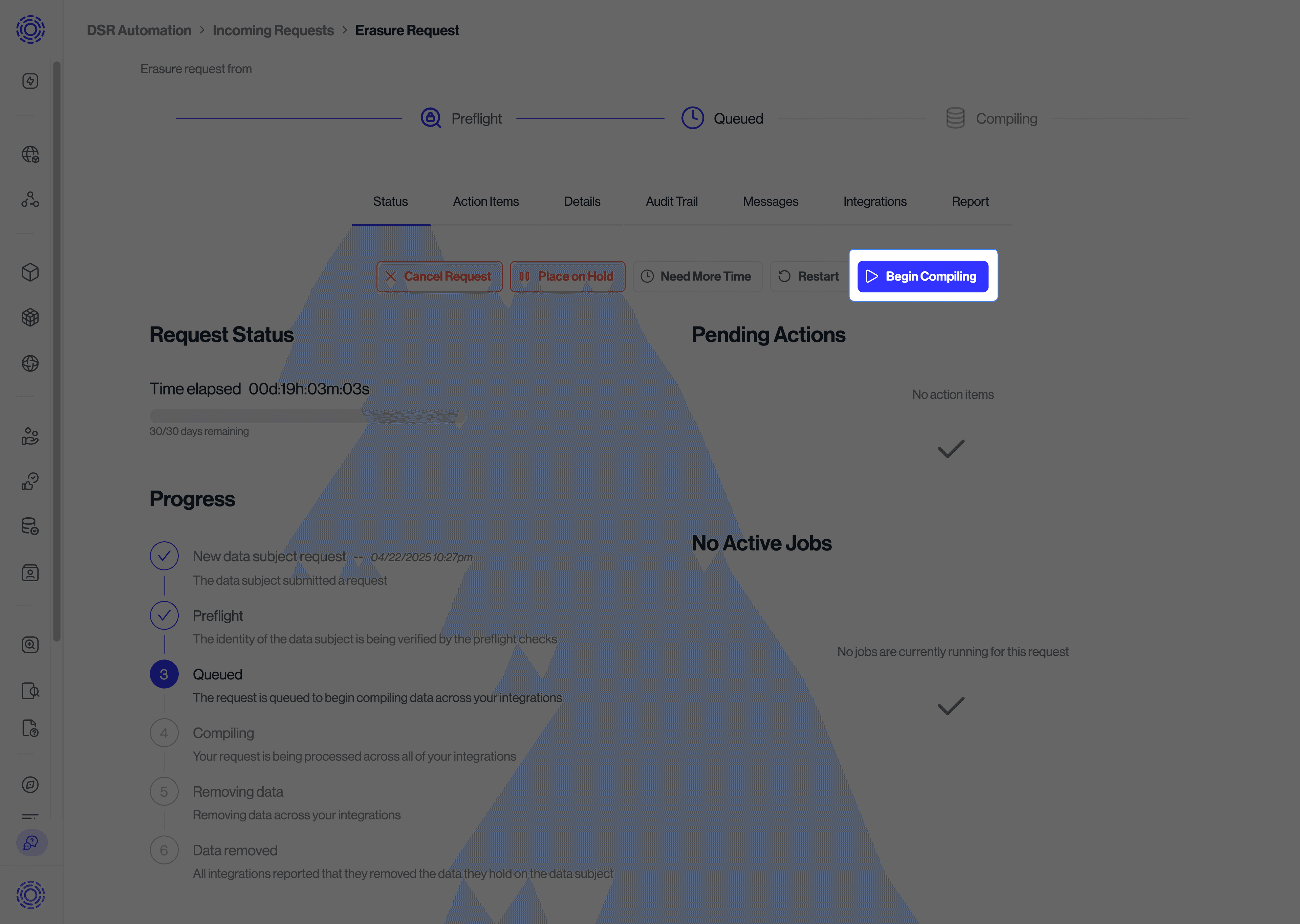 DSR view with "begin compiling" option highlighted