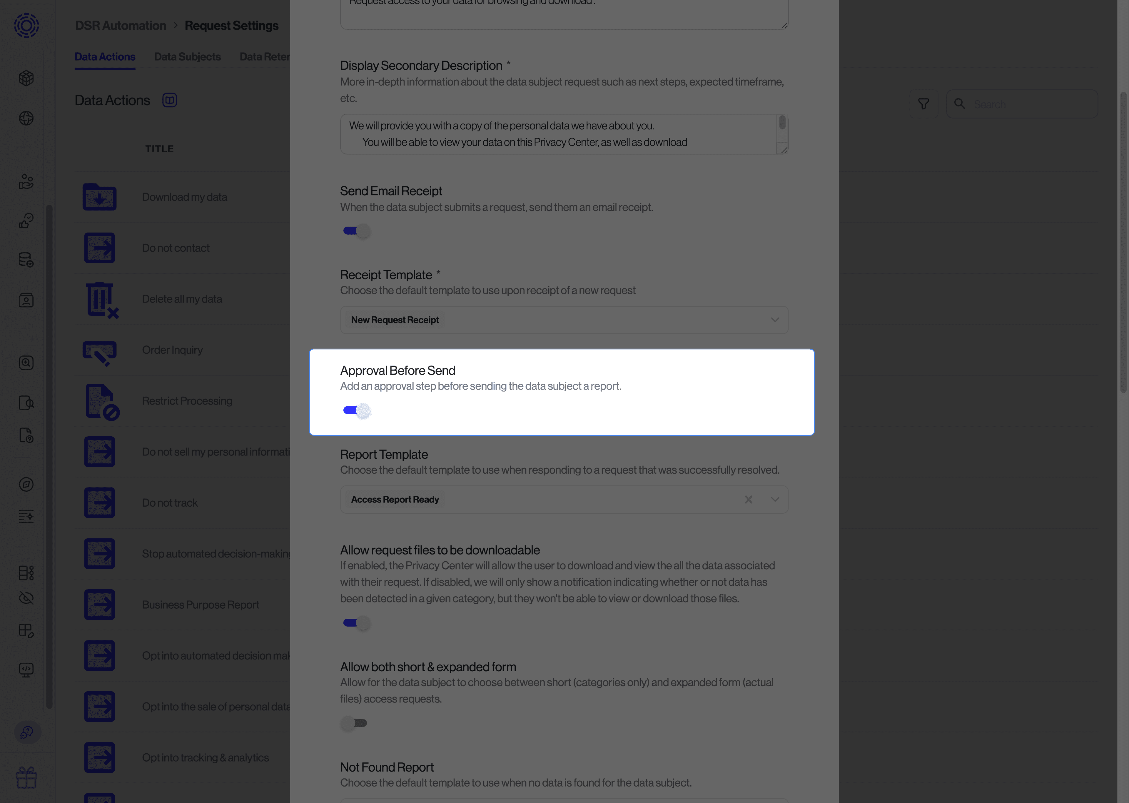 The Request Settings tab of the Admin Dashboard, with the edit action prompt open to show the Approval Before Send toggle