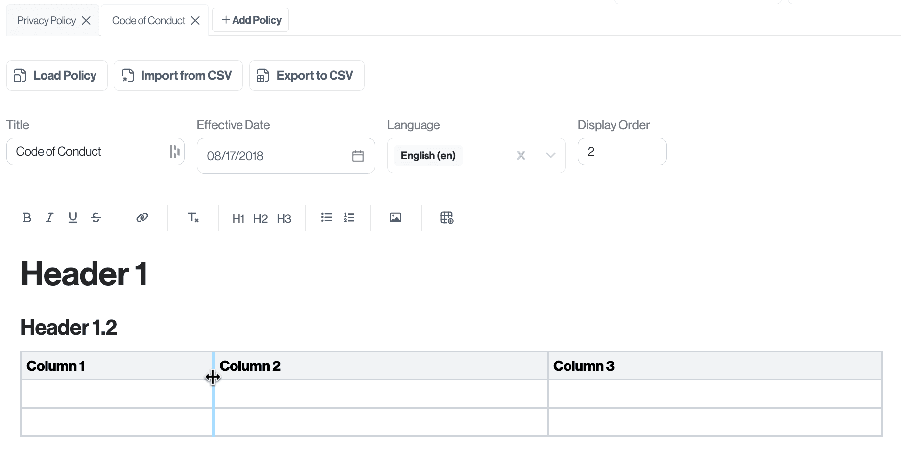 Draggable column widths