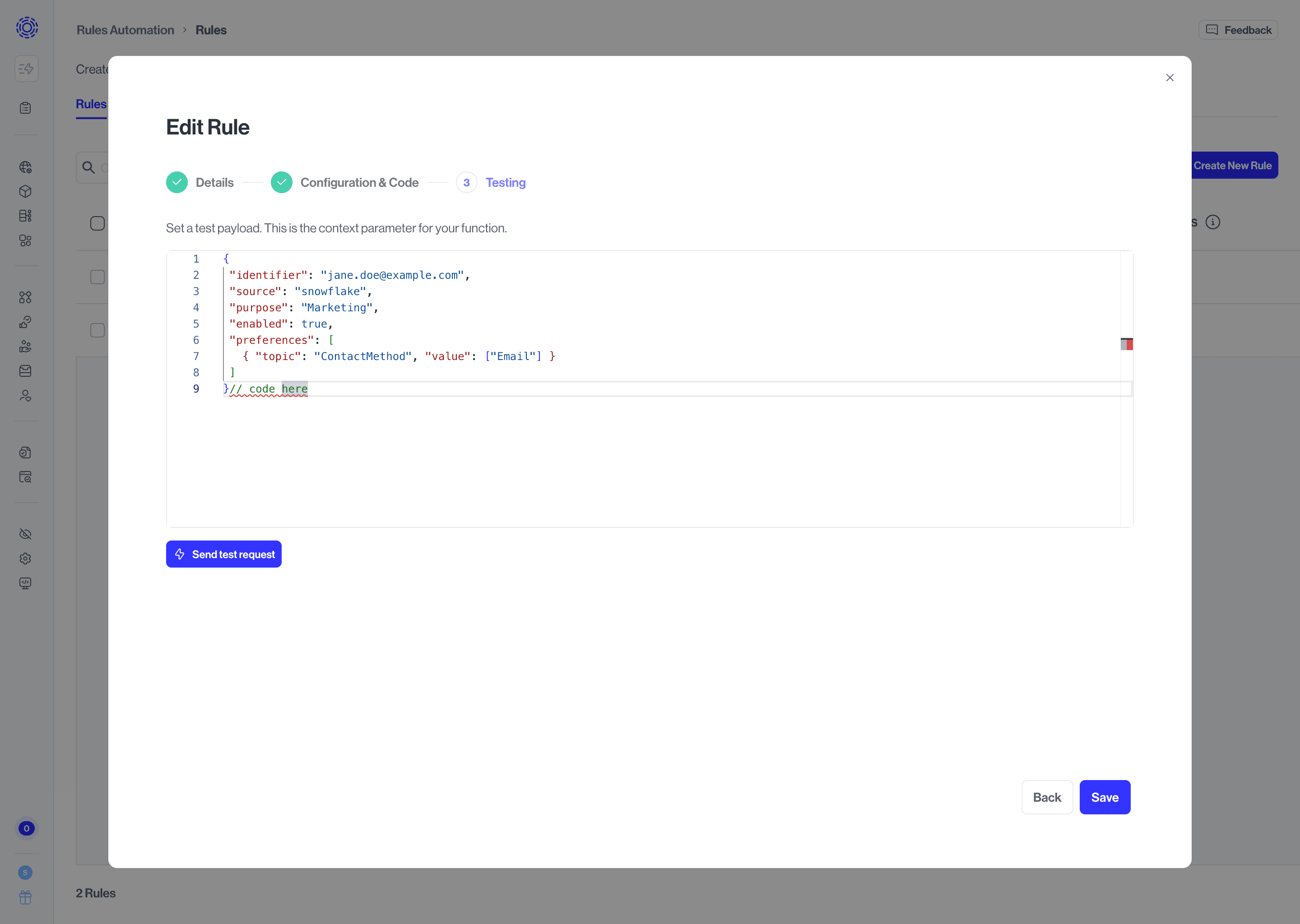 Test payload in code editor.