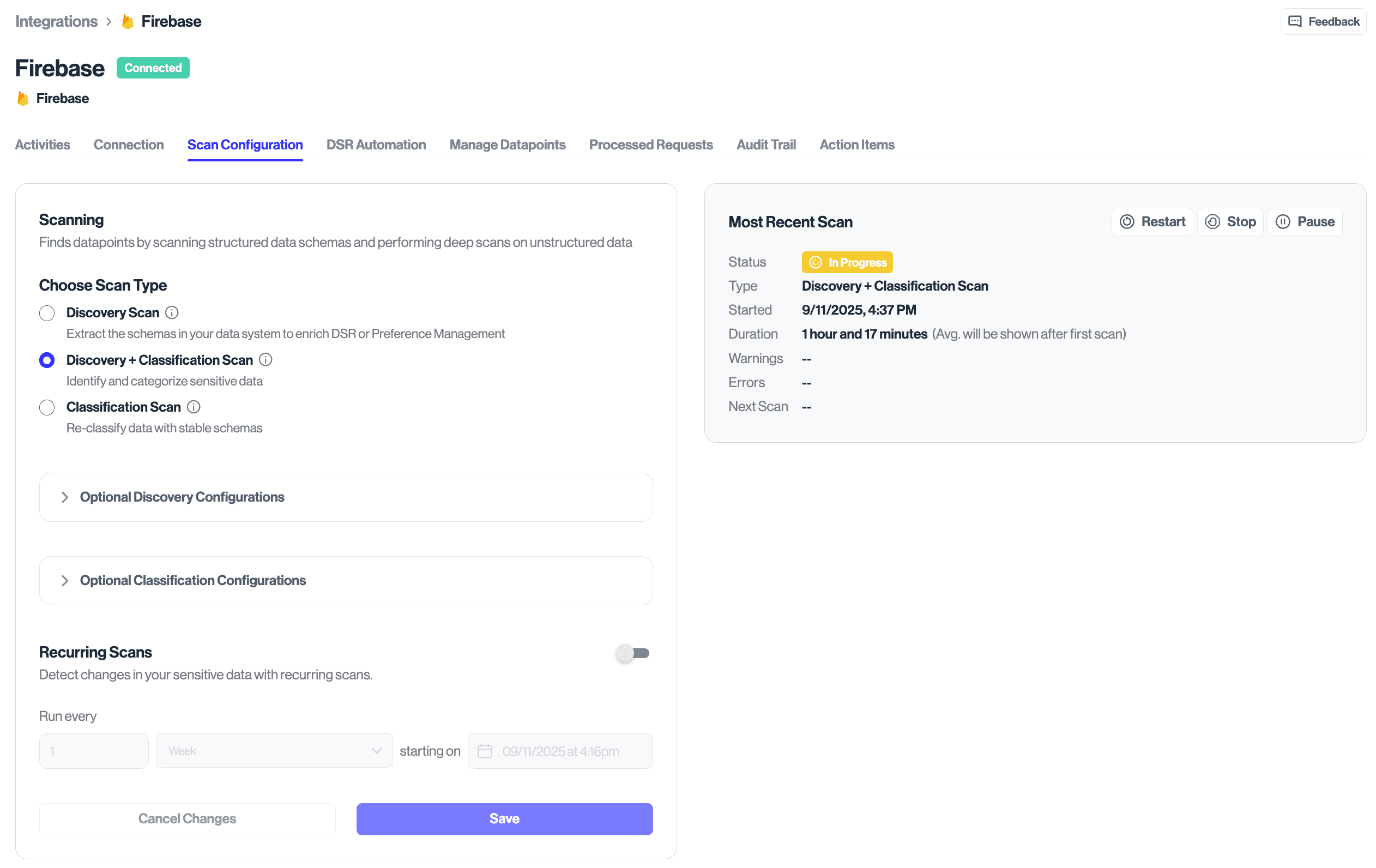 Scan configuration for the Firebase integration