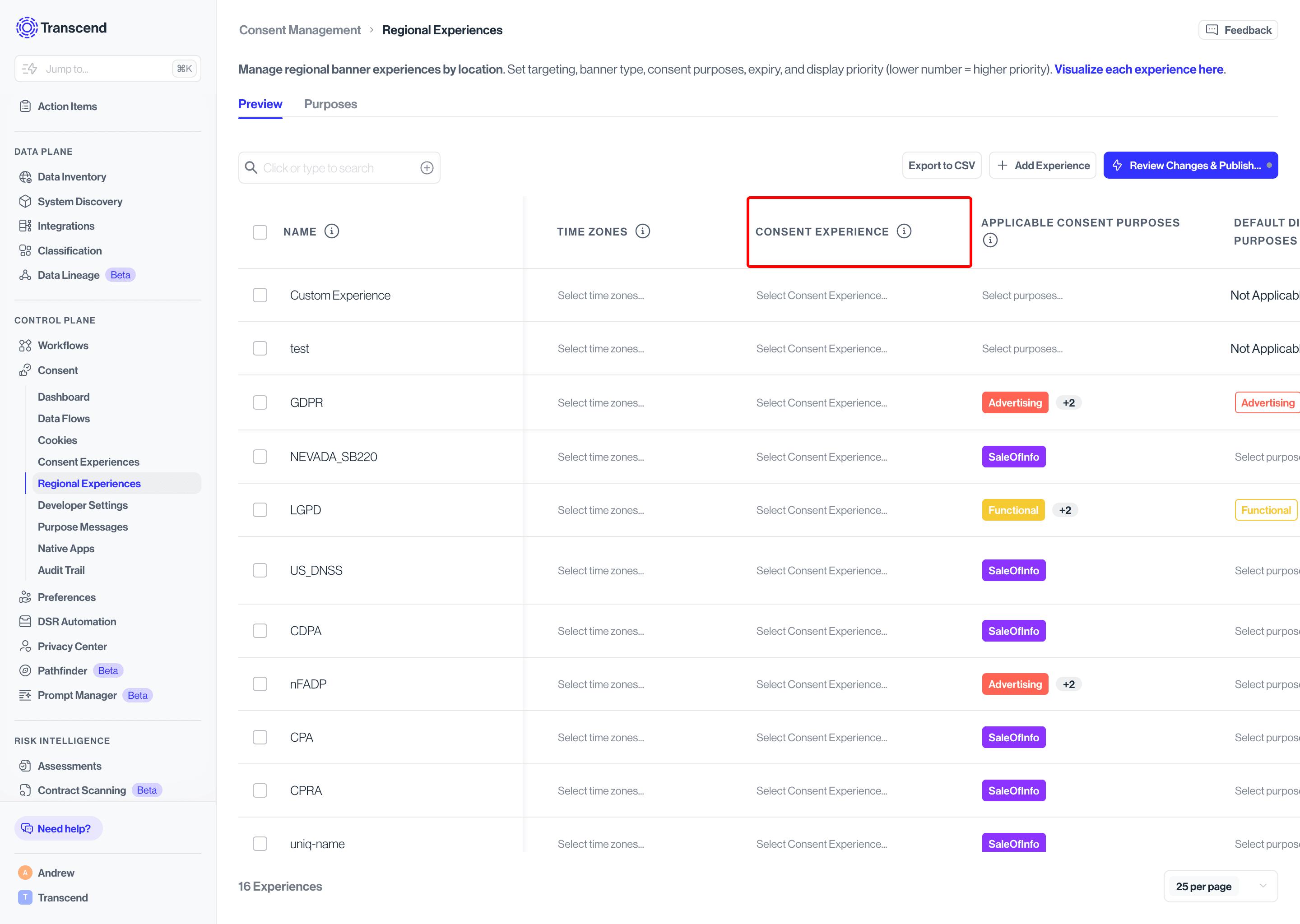 Selecting consent experience in the regional experience