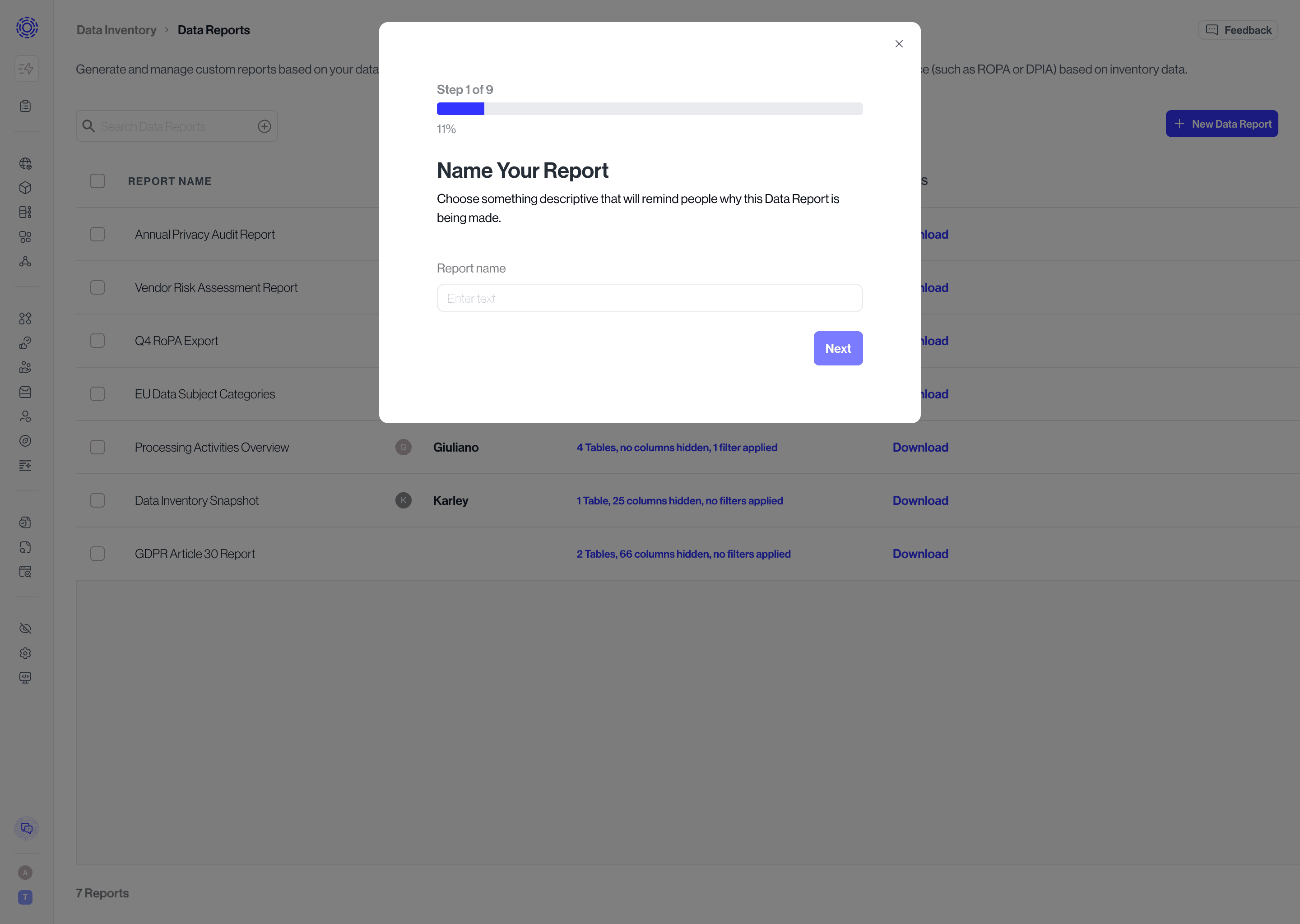New Data Report modal