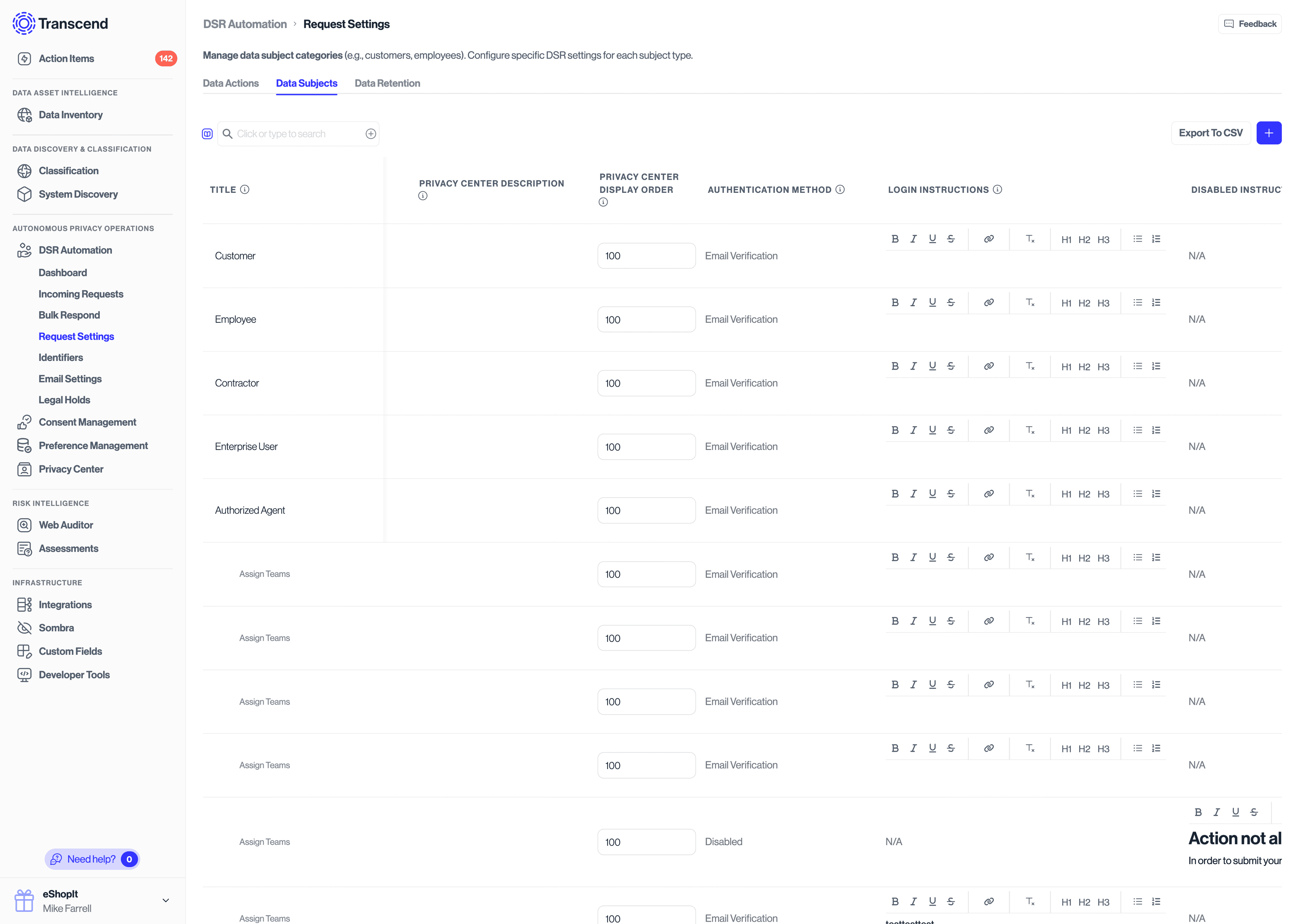 Data subjects settings for description, authentication method, instructions~