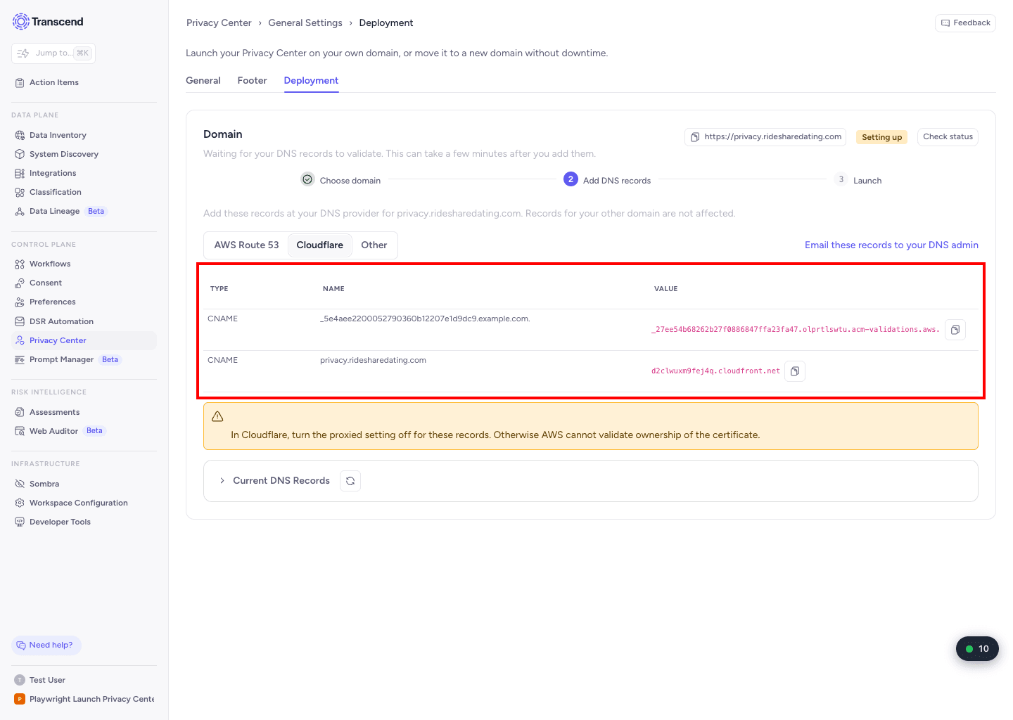 Deployment tab showing DNS records to add, with Cloudflare selected