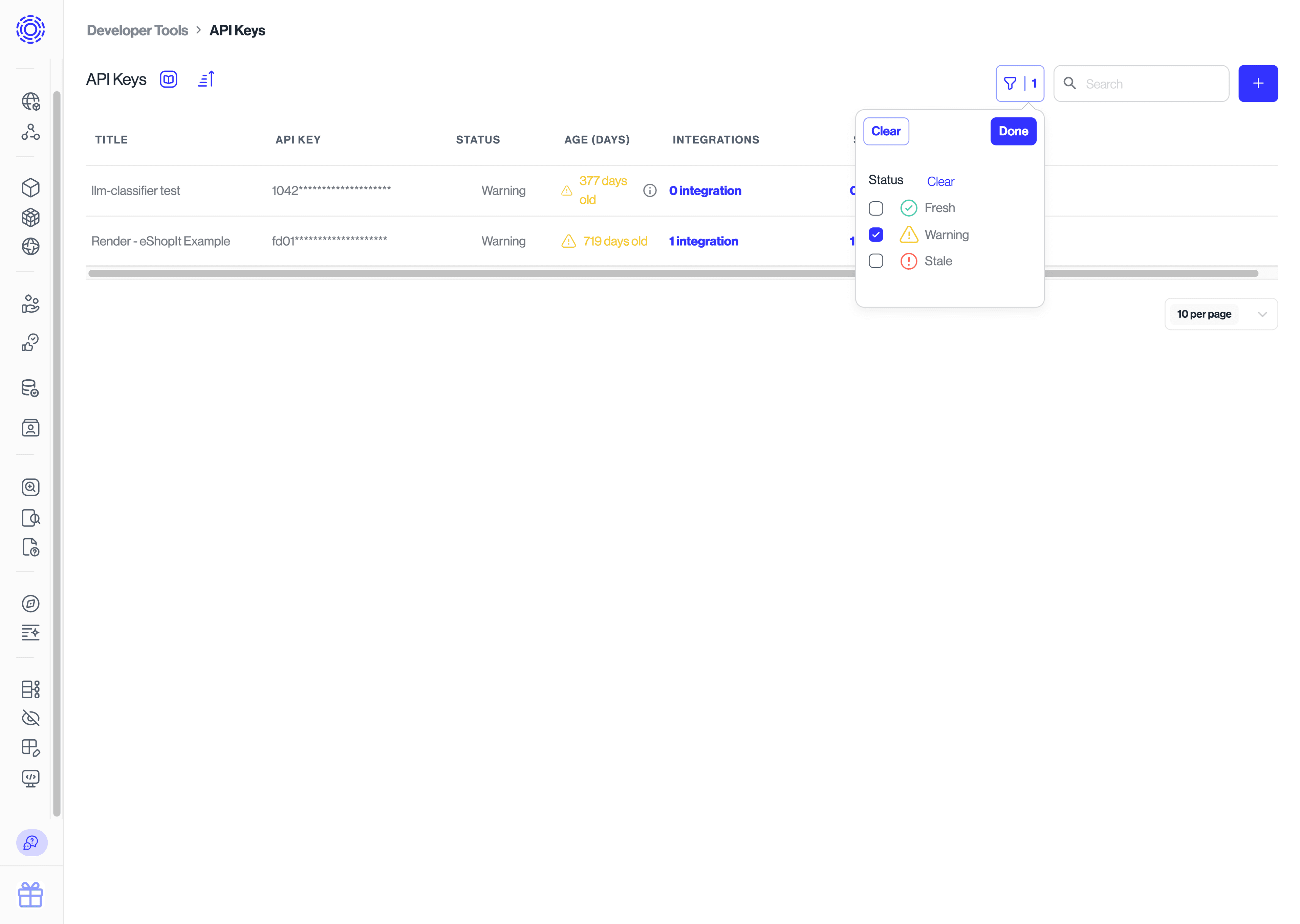 Dev Tools > API Keys, filter open with "Warning" filter selected