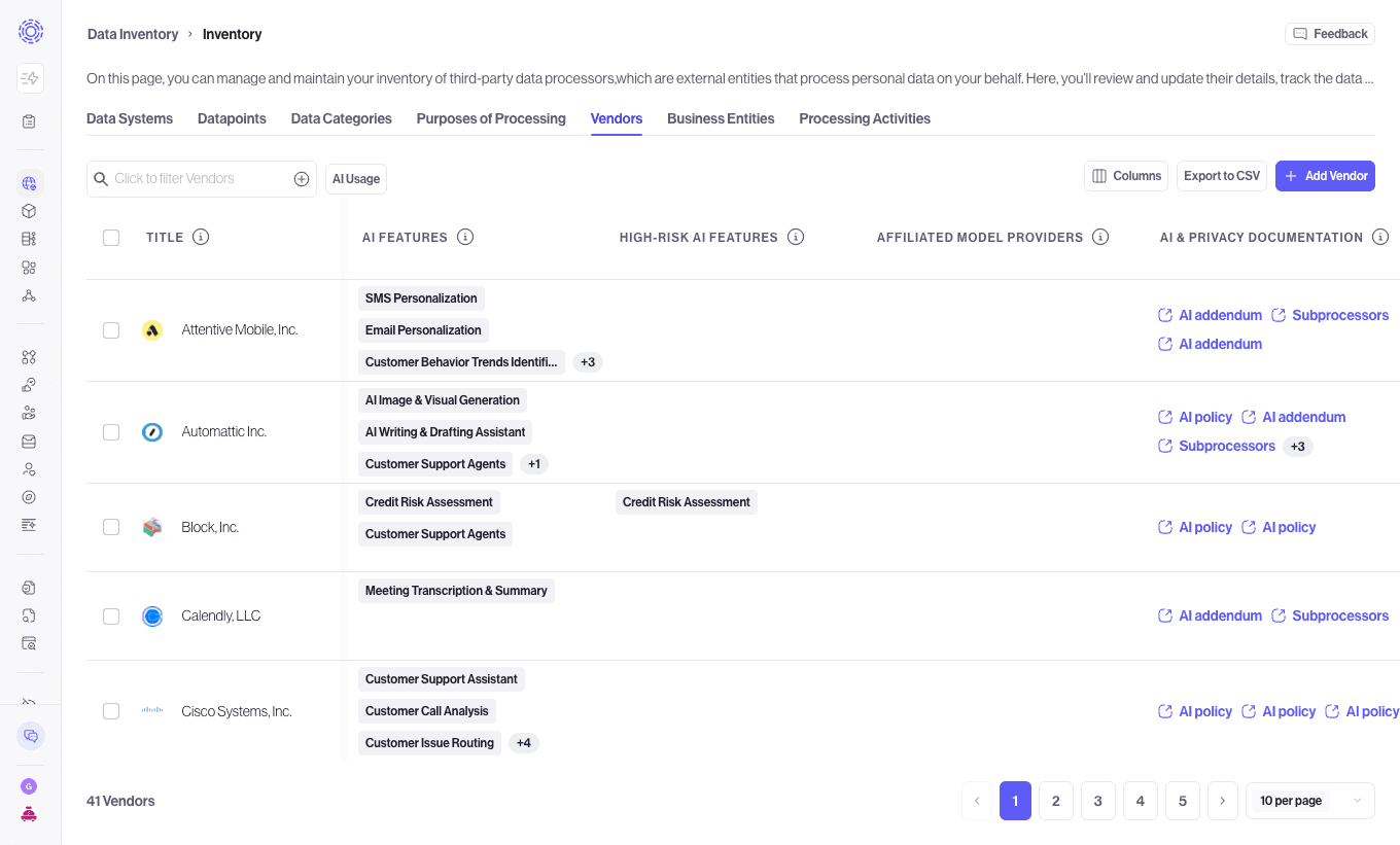 Vendors table with the four AI columns visible