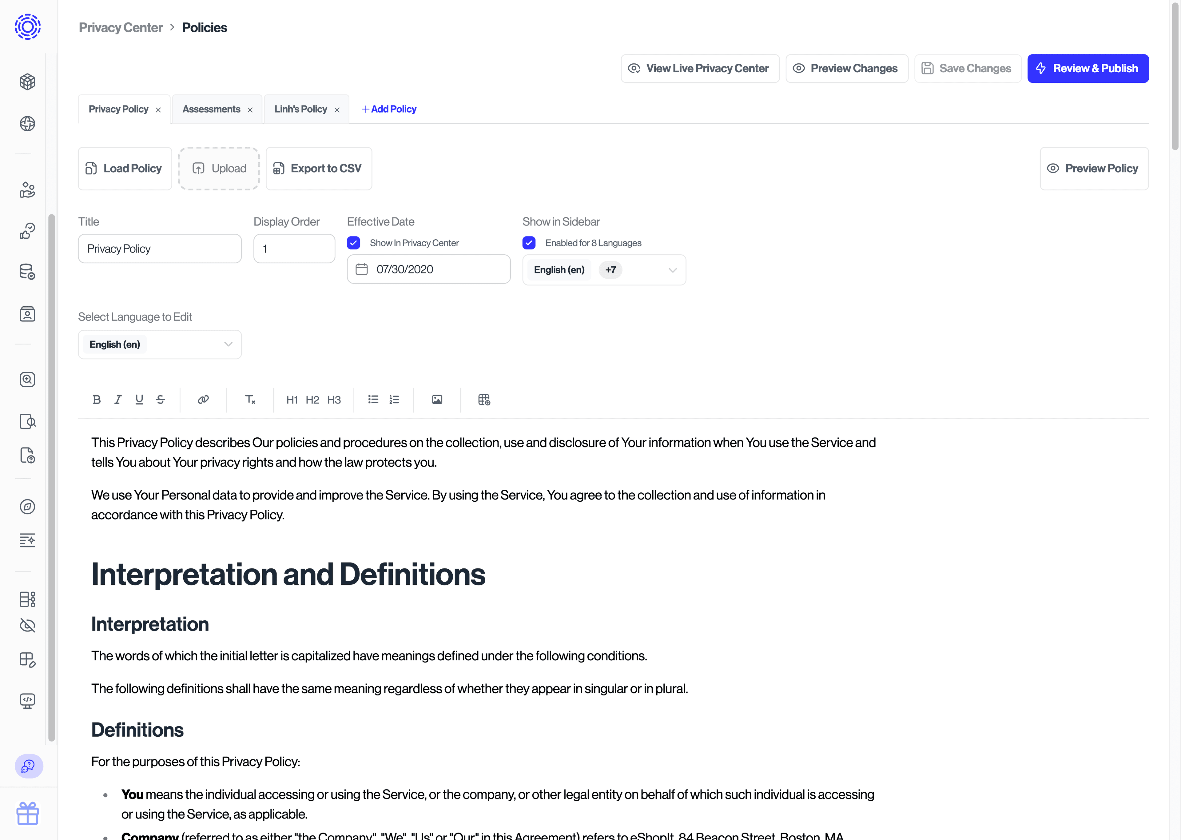 Policies tab of the Privacy Center section in the Admin Dashboard