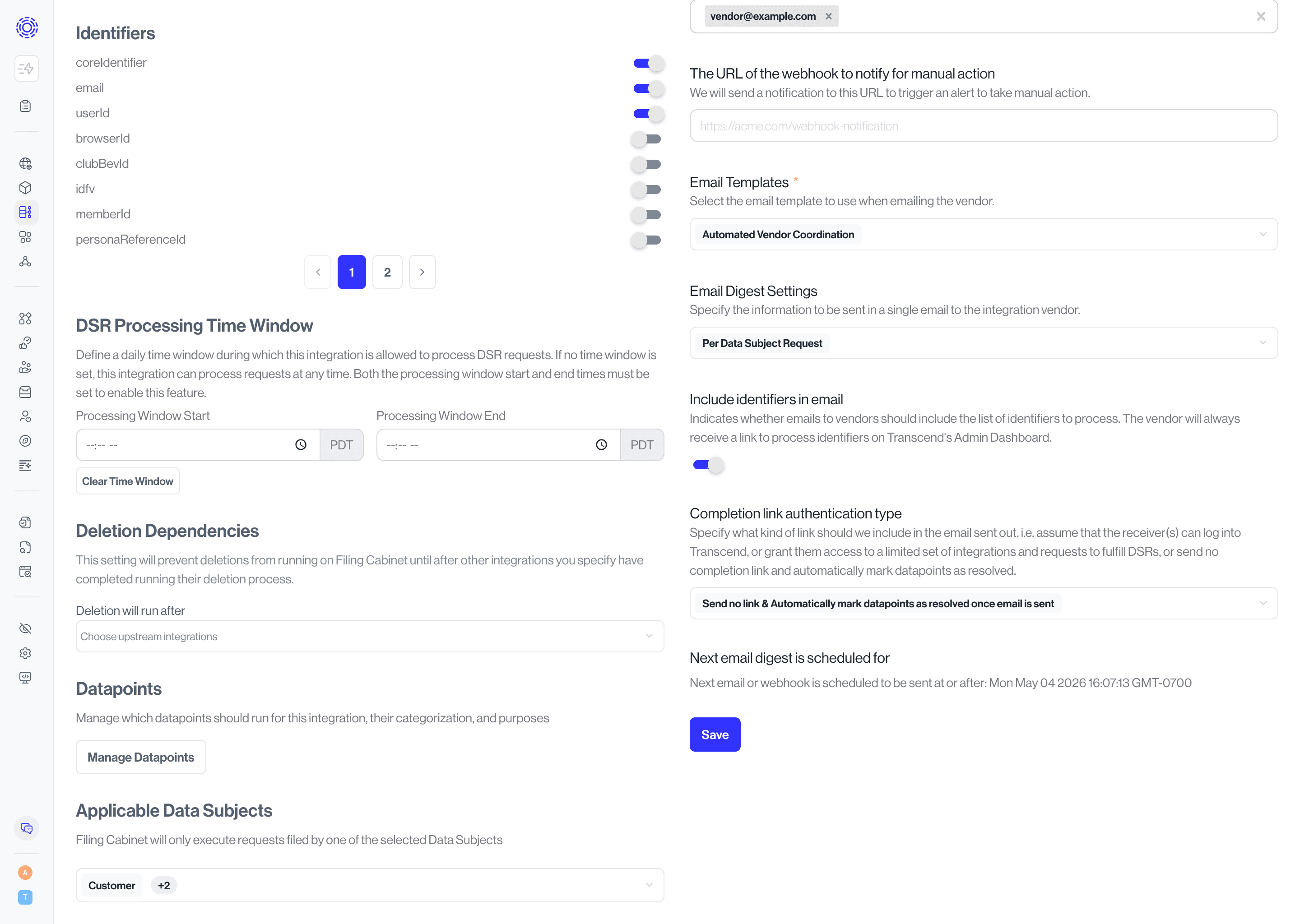 Integrations > DSR Automation, Email Automation settings