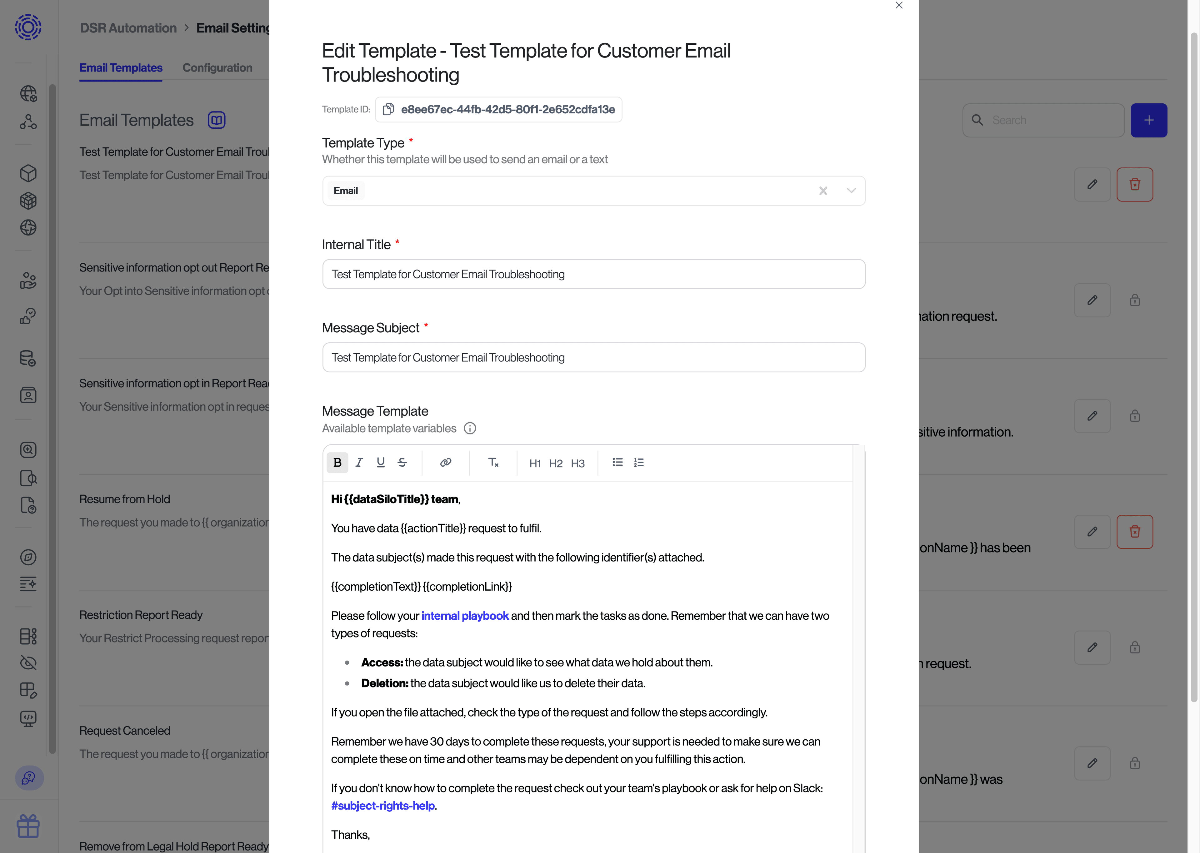 DSR Automation > Email Settings > Email Templates, Request Canceled template view