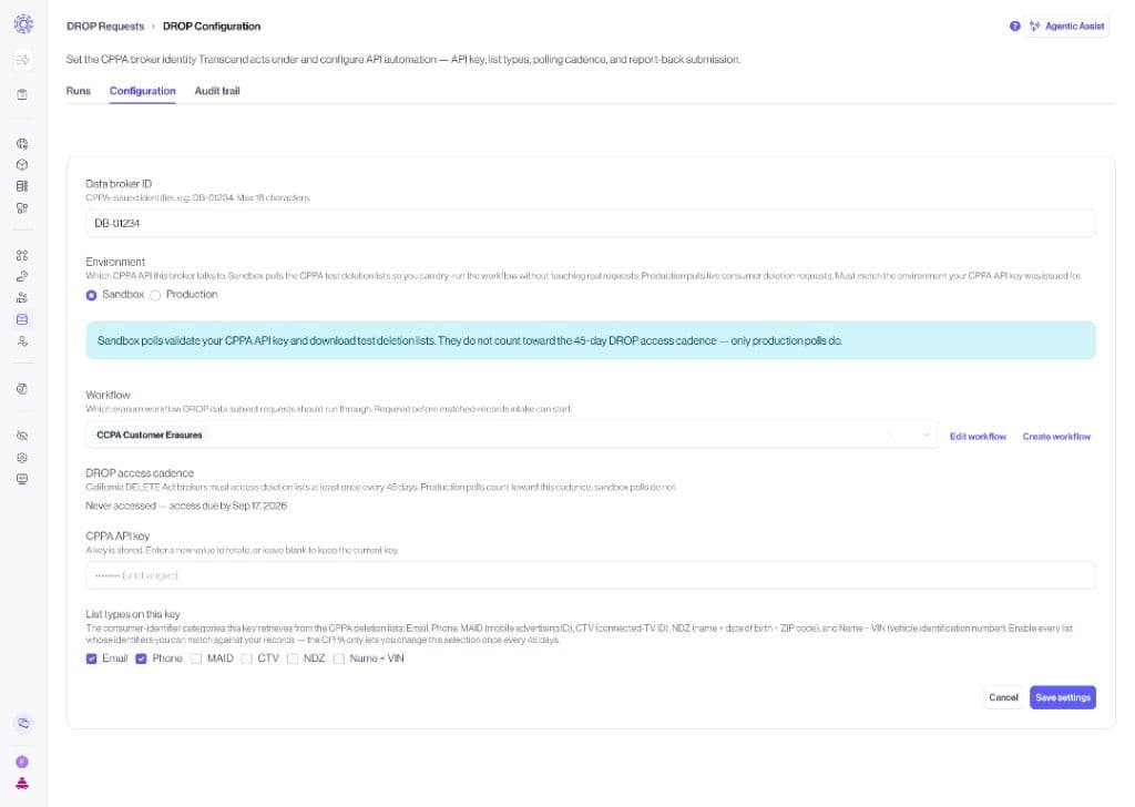 DROP Configuration: broker ID, sandbox or production environment, erasure workflow, CPPA API key, and list types