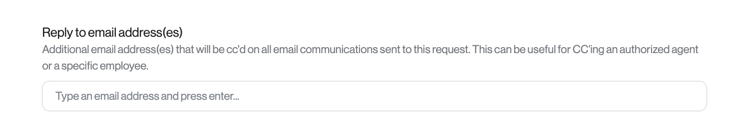 DSR submission setting of reply-to email addresses for CC'ing authorized agent on request emails