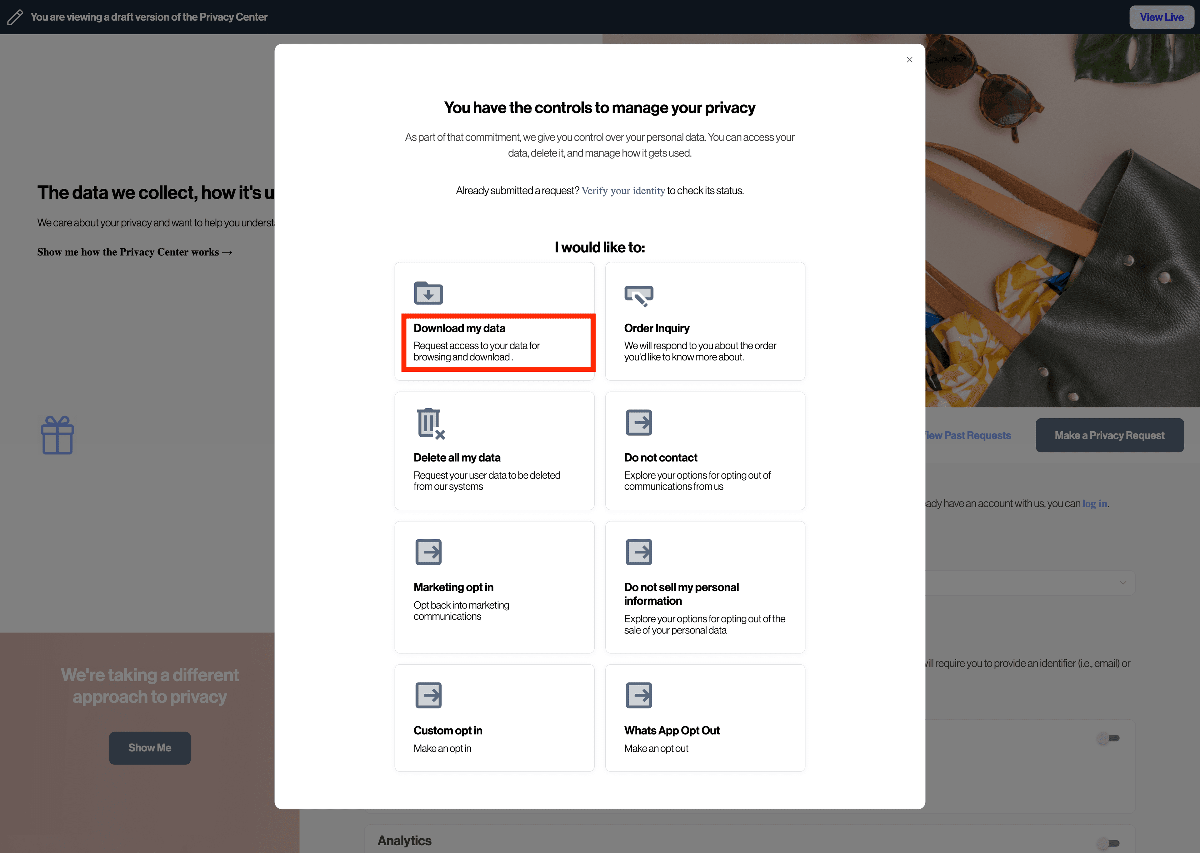 Data action title and description rendered within DSR selection modal
