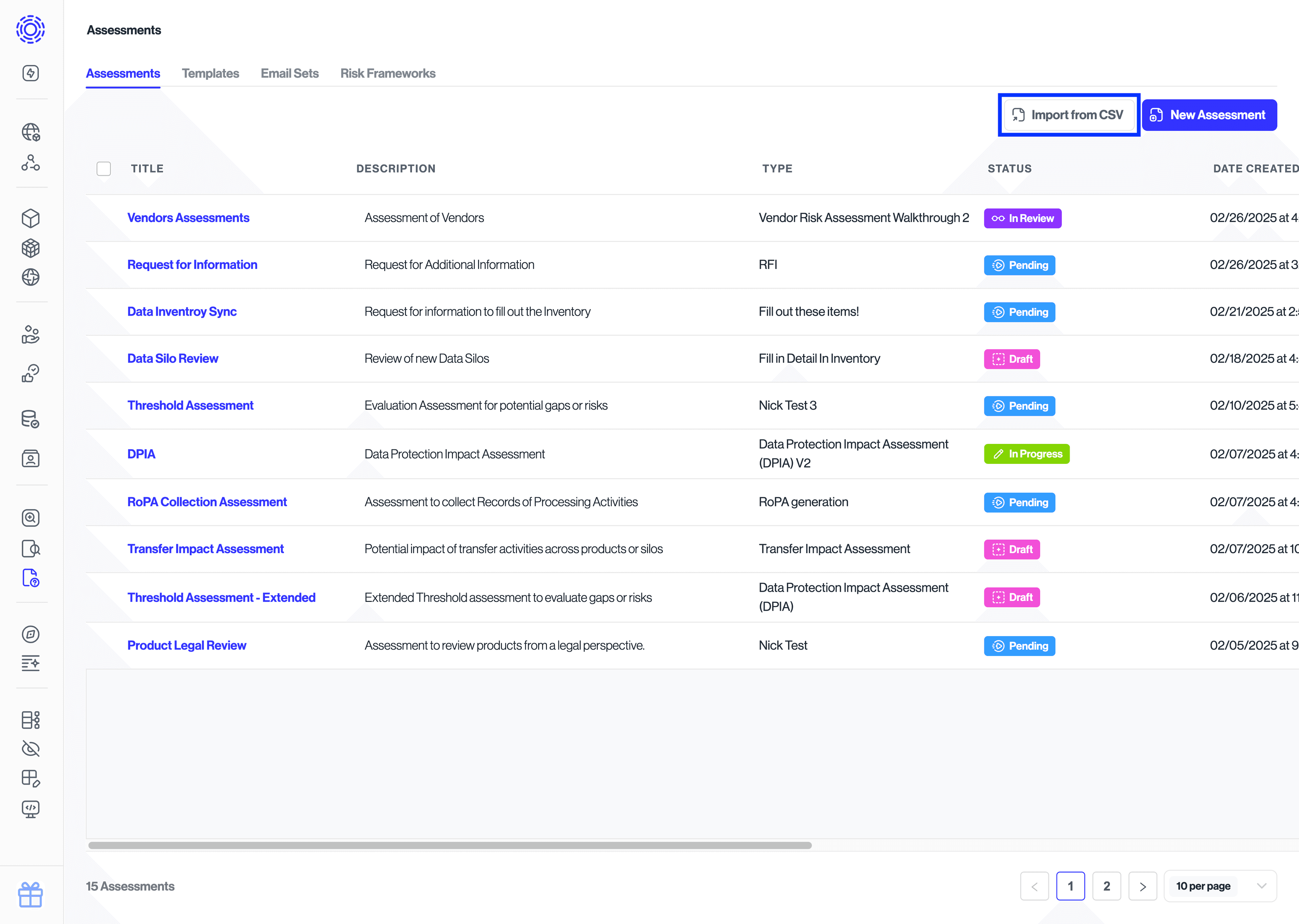 Assessments Import from CSV button highlighted