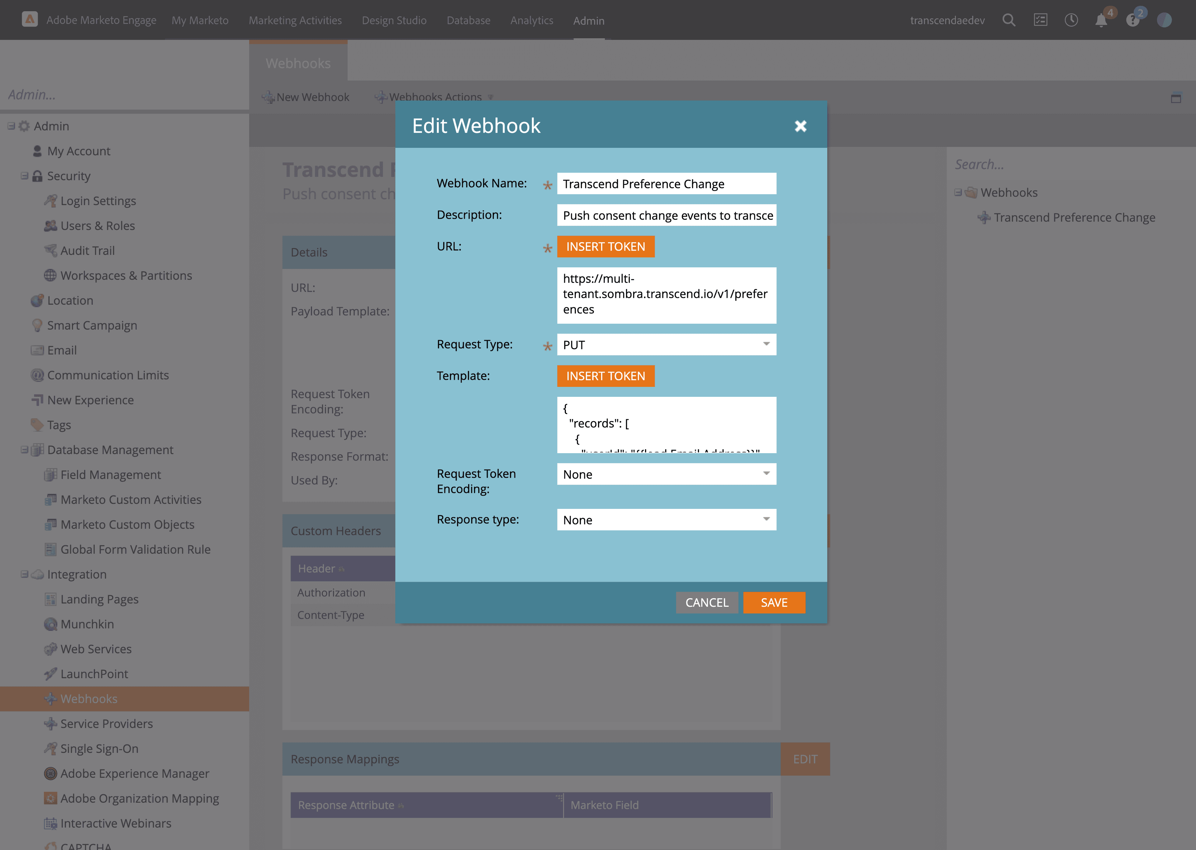 Create a new webhook in Marketo