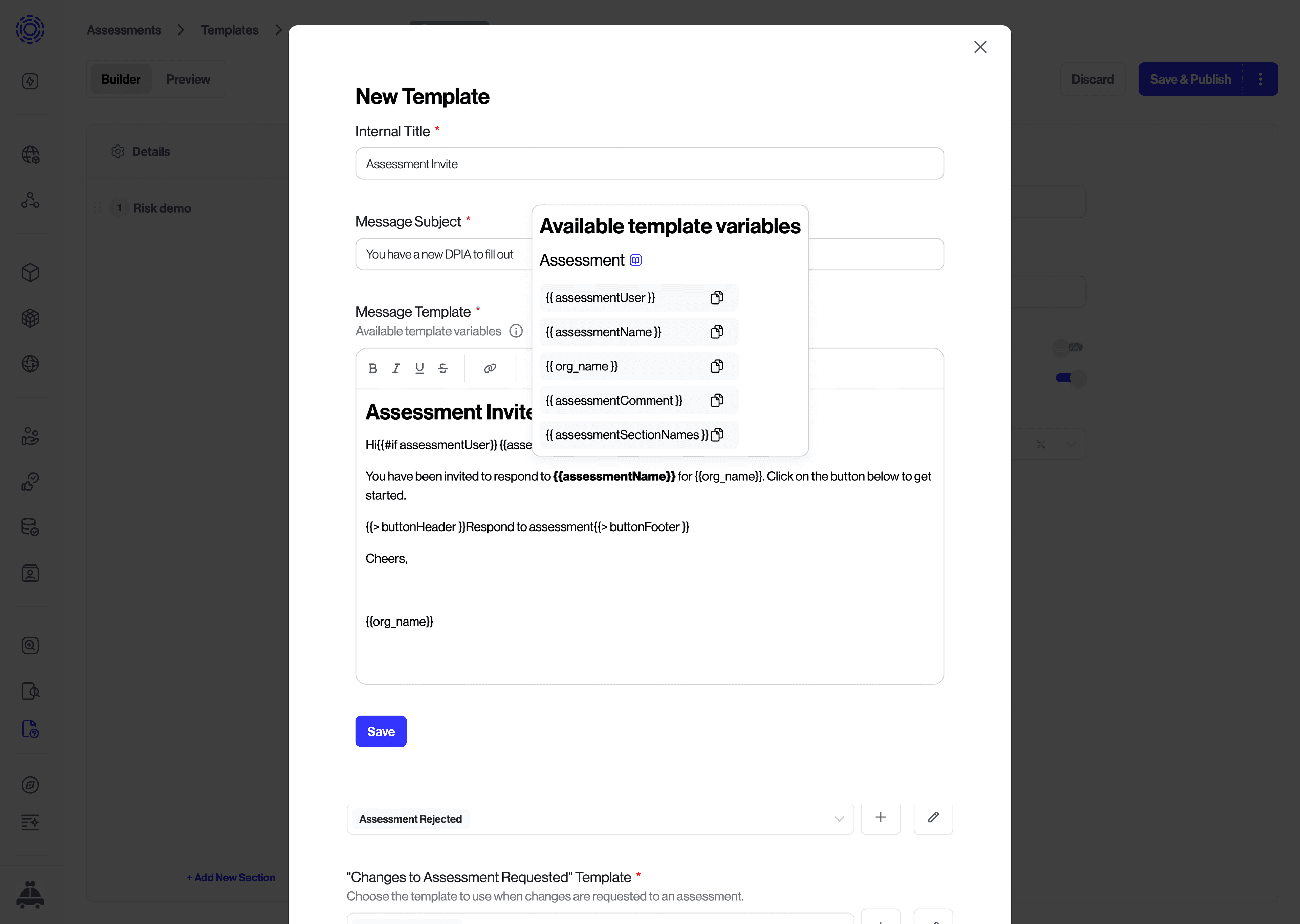 Modal to create a new email template shows template variables