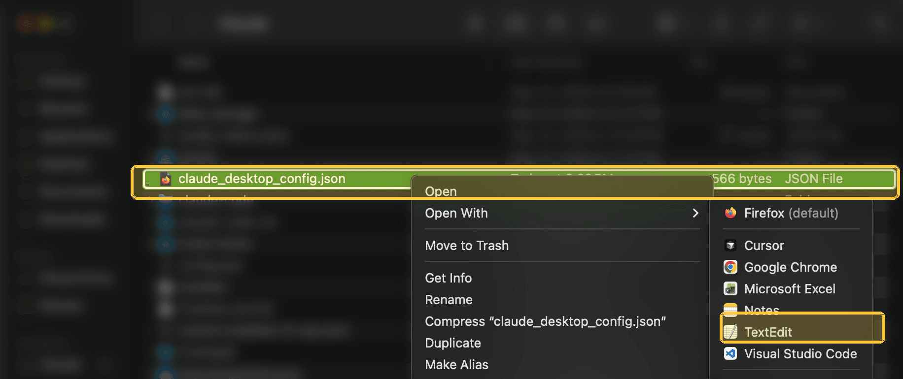 Right click claude desktop config JSON and open TextEdit.