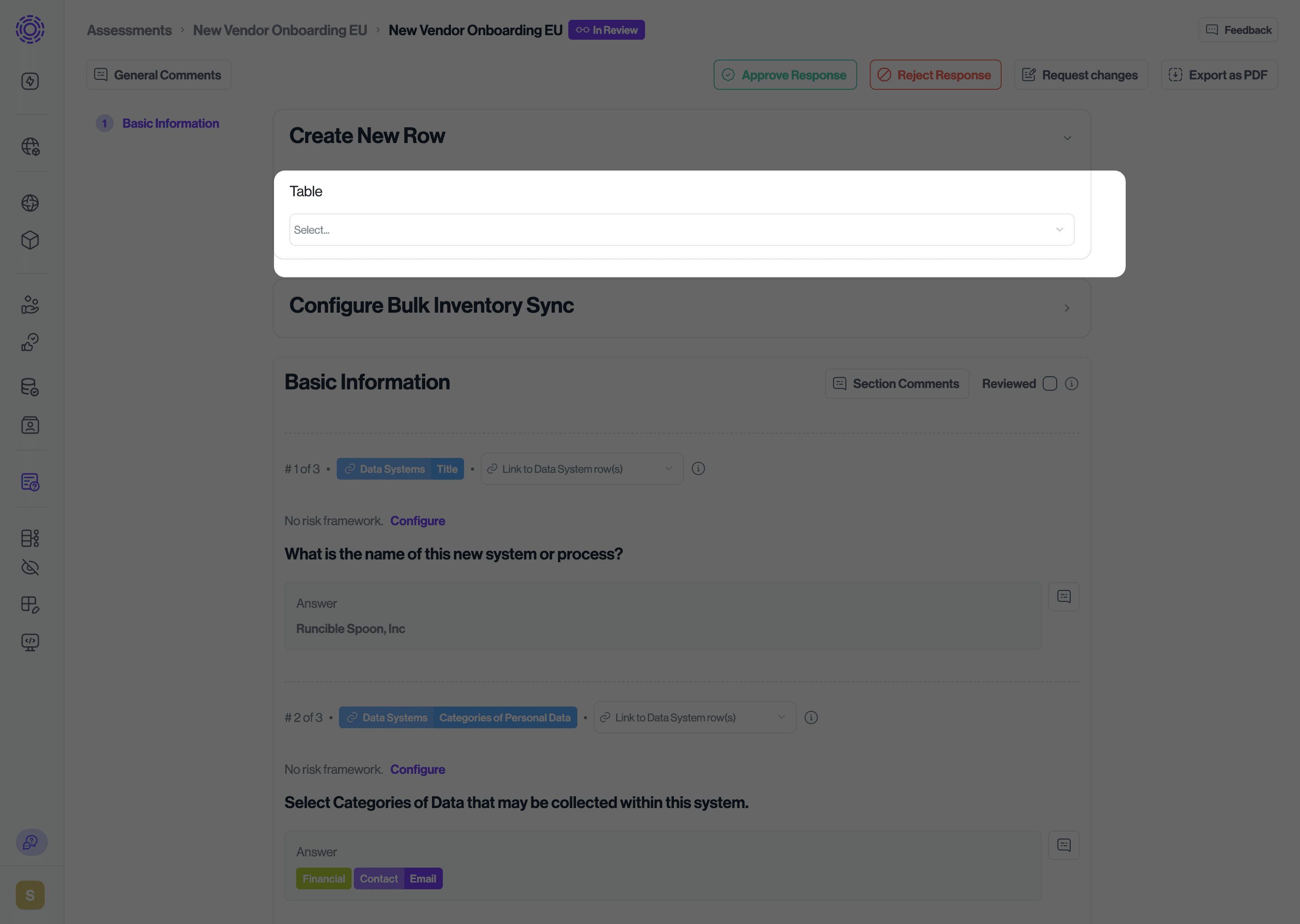 Table selection dropdown highlighted under Create New Row in an assessment being reviewed.