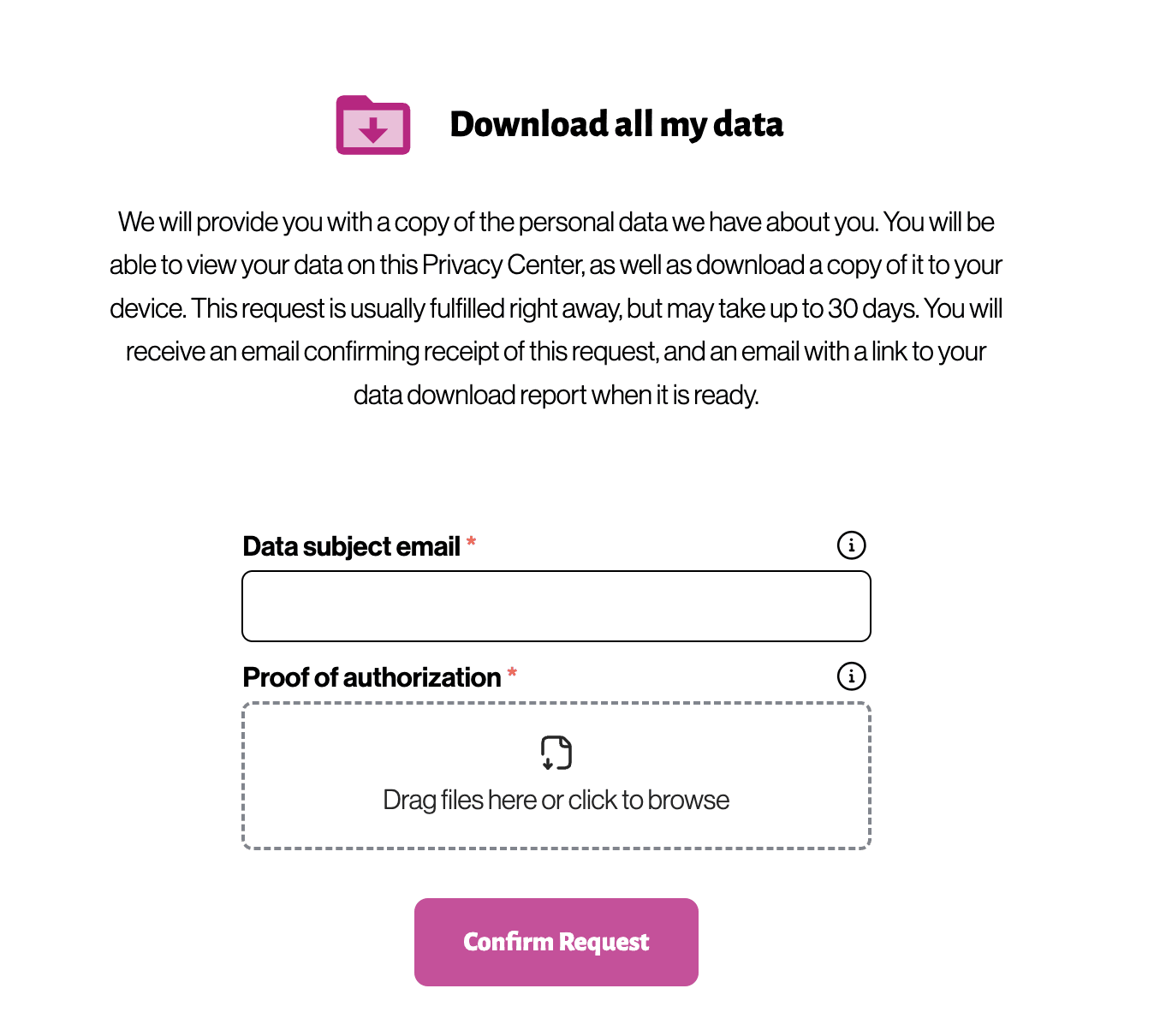 Asking the Authorized Agent for proof of authorization via a document and for the Data Subject's email.