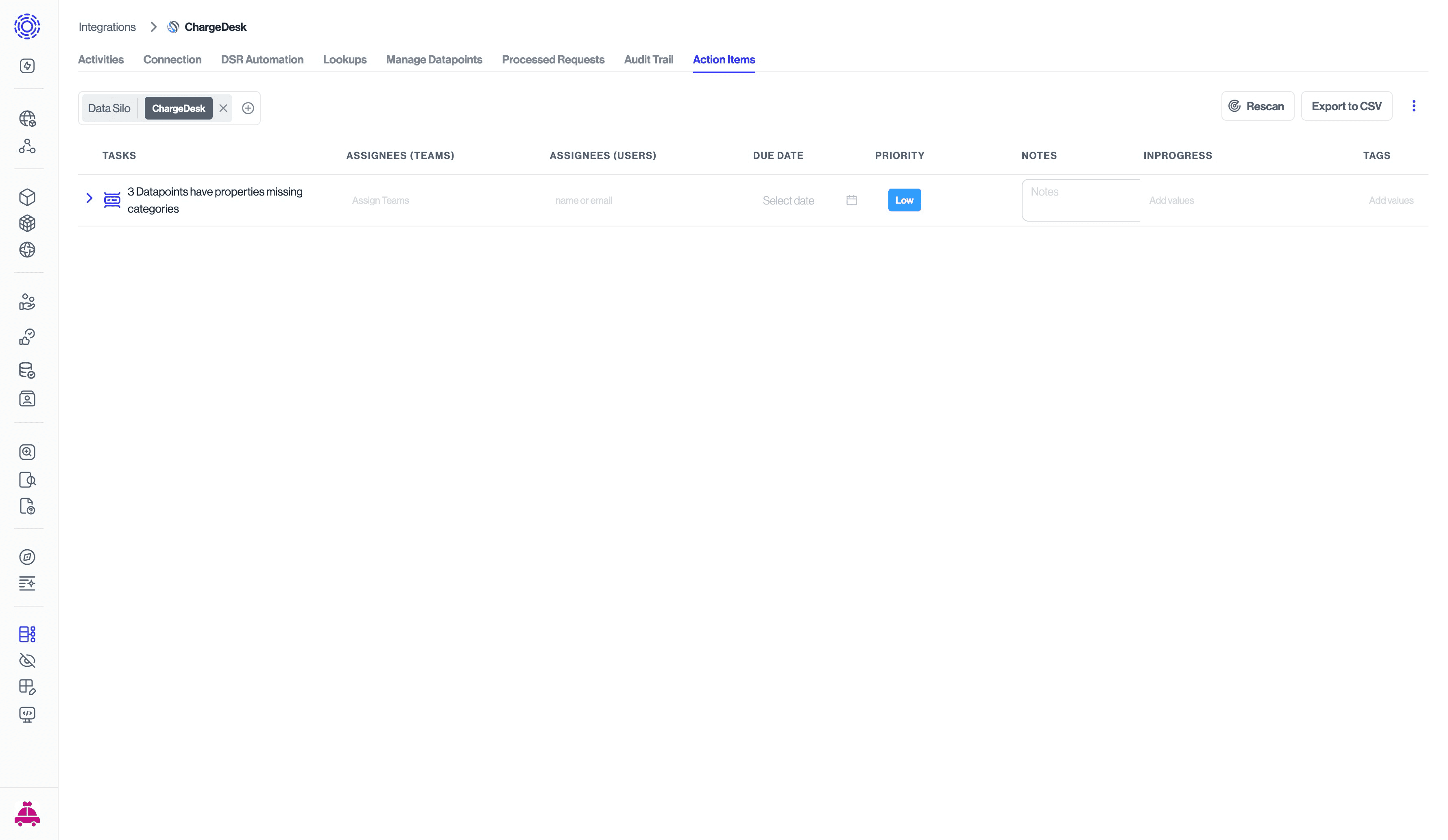 Action Items tab in integrations page