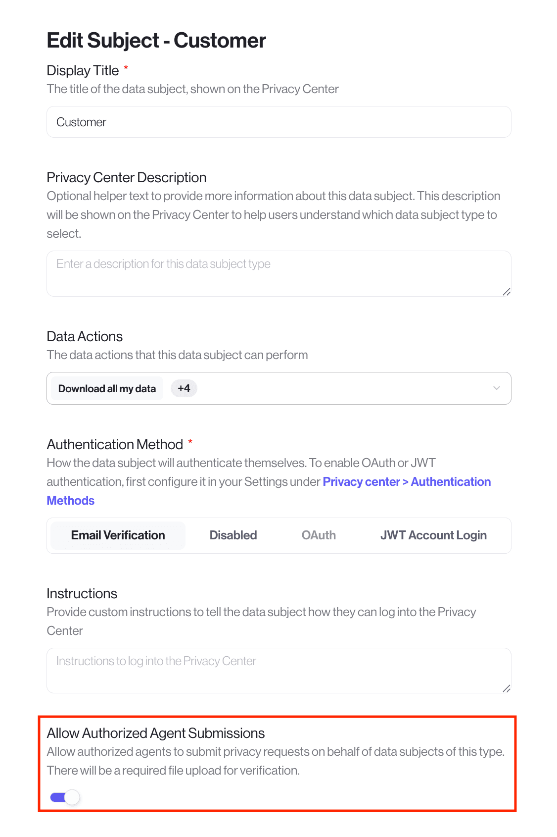Screenshot of the data subject form with the authorized agent form item highlighted.
