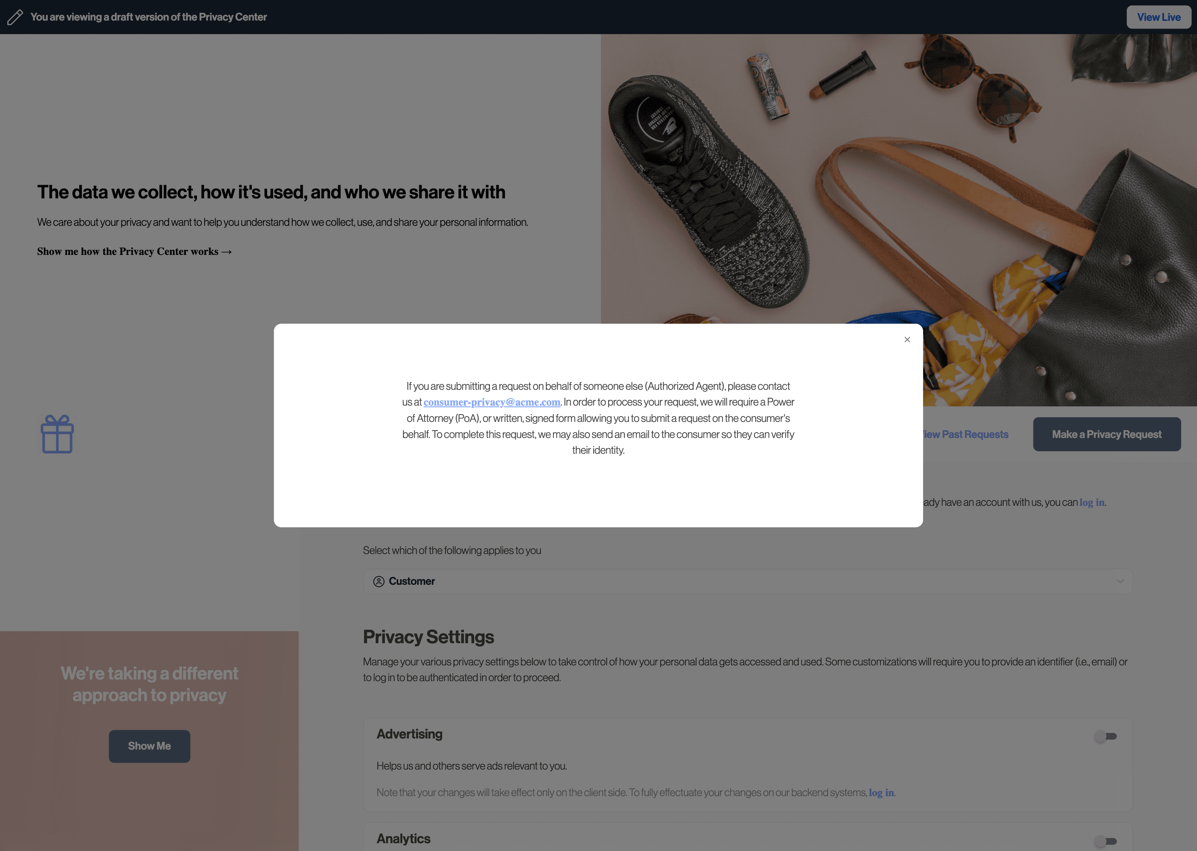 Warning message displayed when selecting "Authorized Agent" data subject option