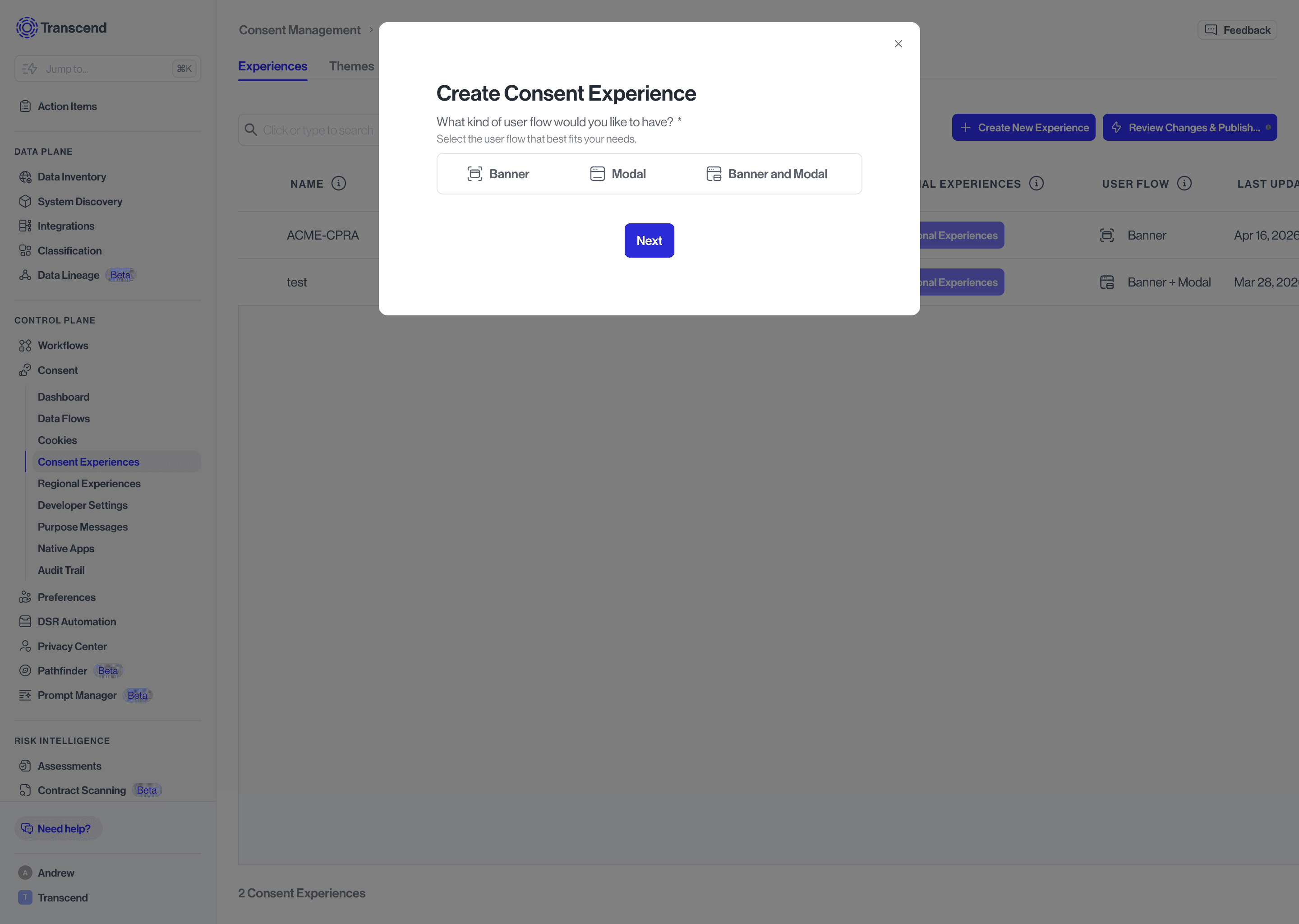 Select a user flow - banner, modal, or banner and modal