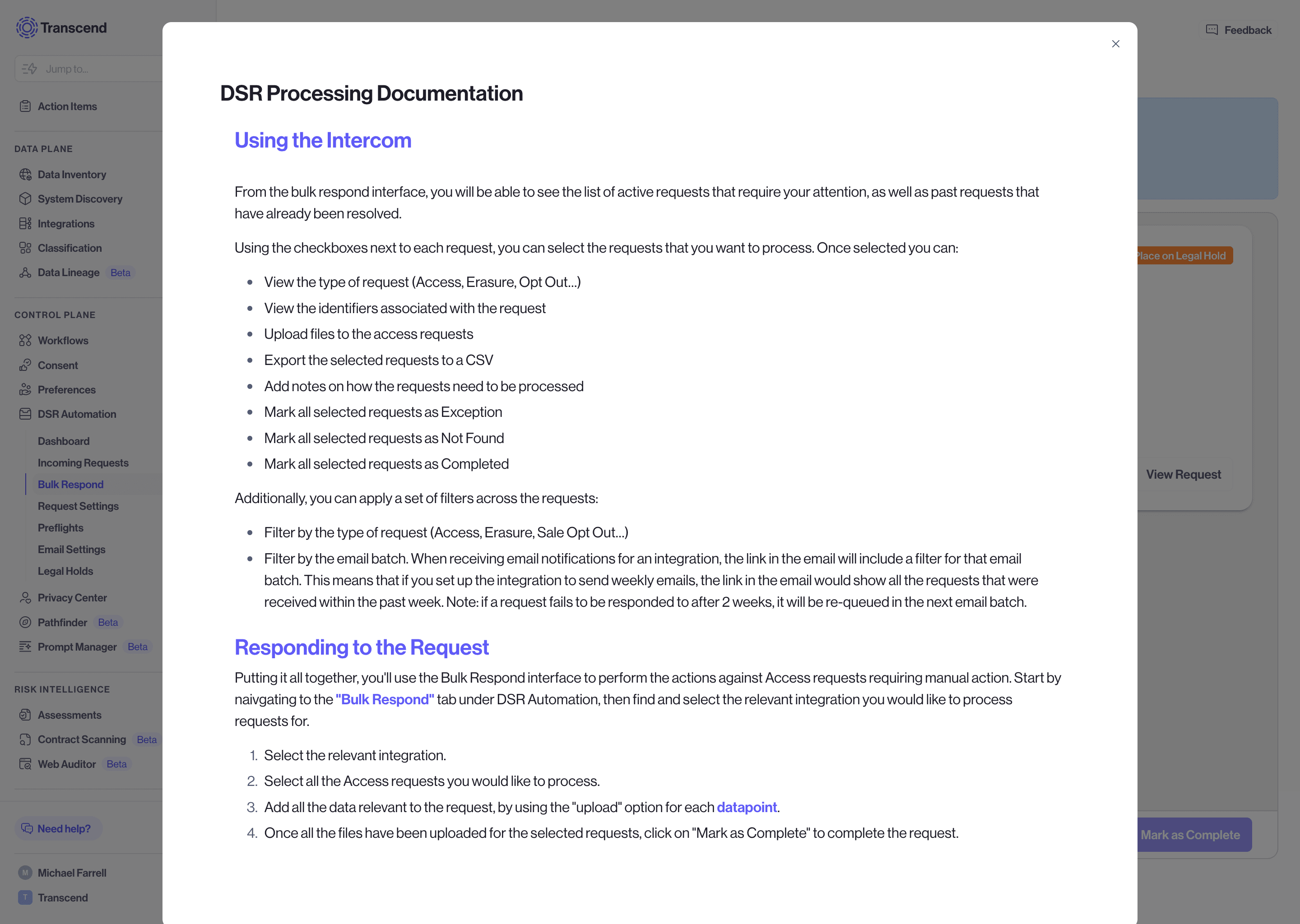 DSR processing documentation shown within the modal.