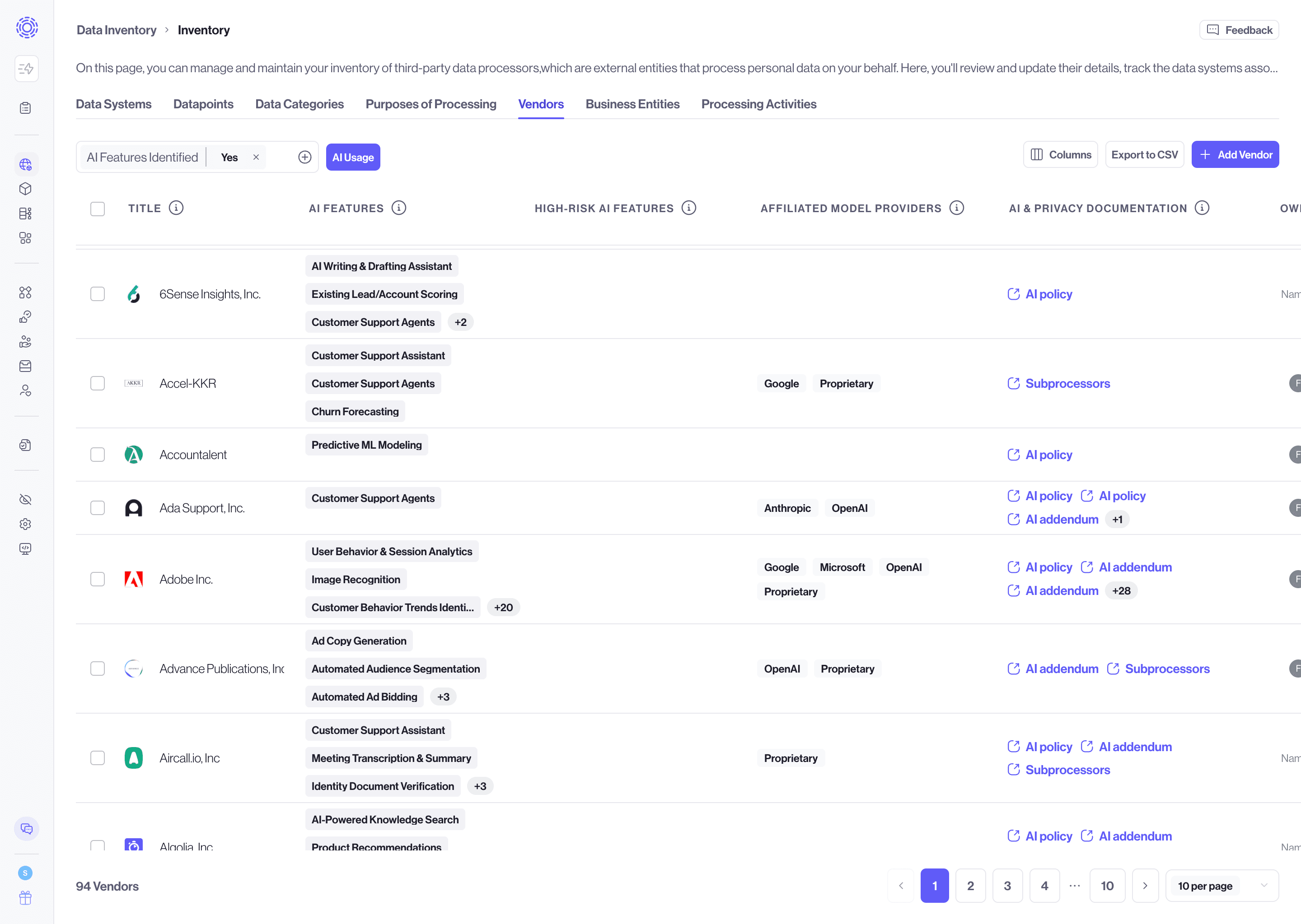 Clicking on the Vendor displays vendor AI intelligence details.