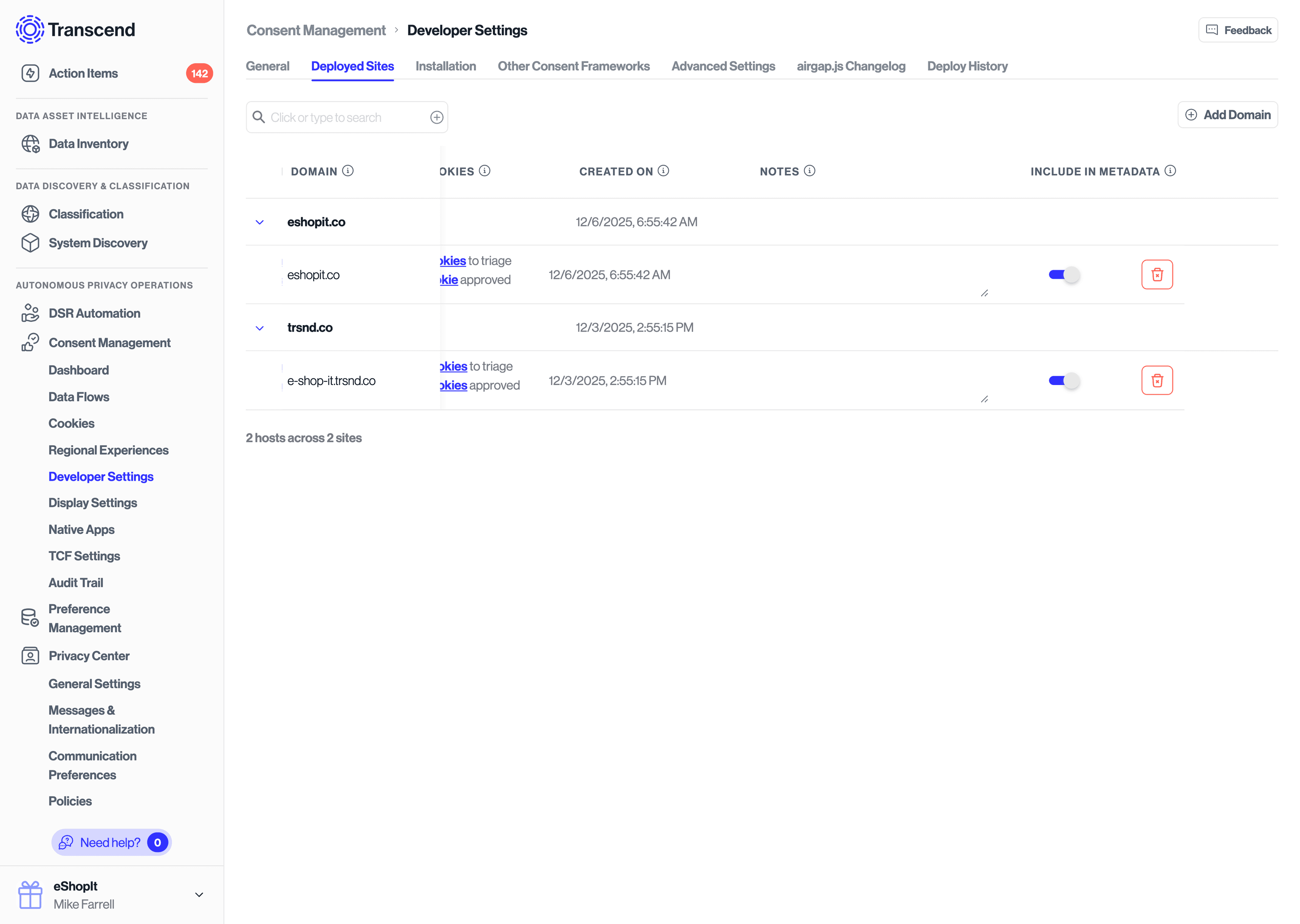 Disable certain deployed sites from showing on the Privacy Center