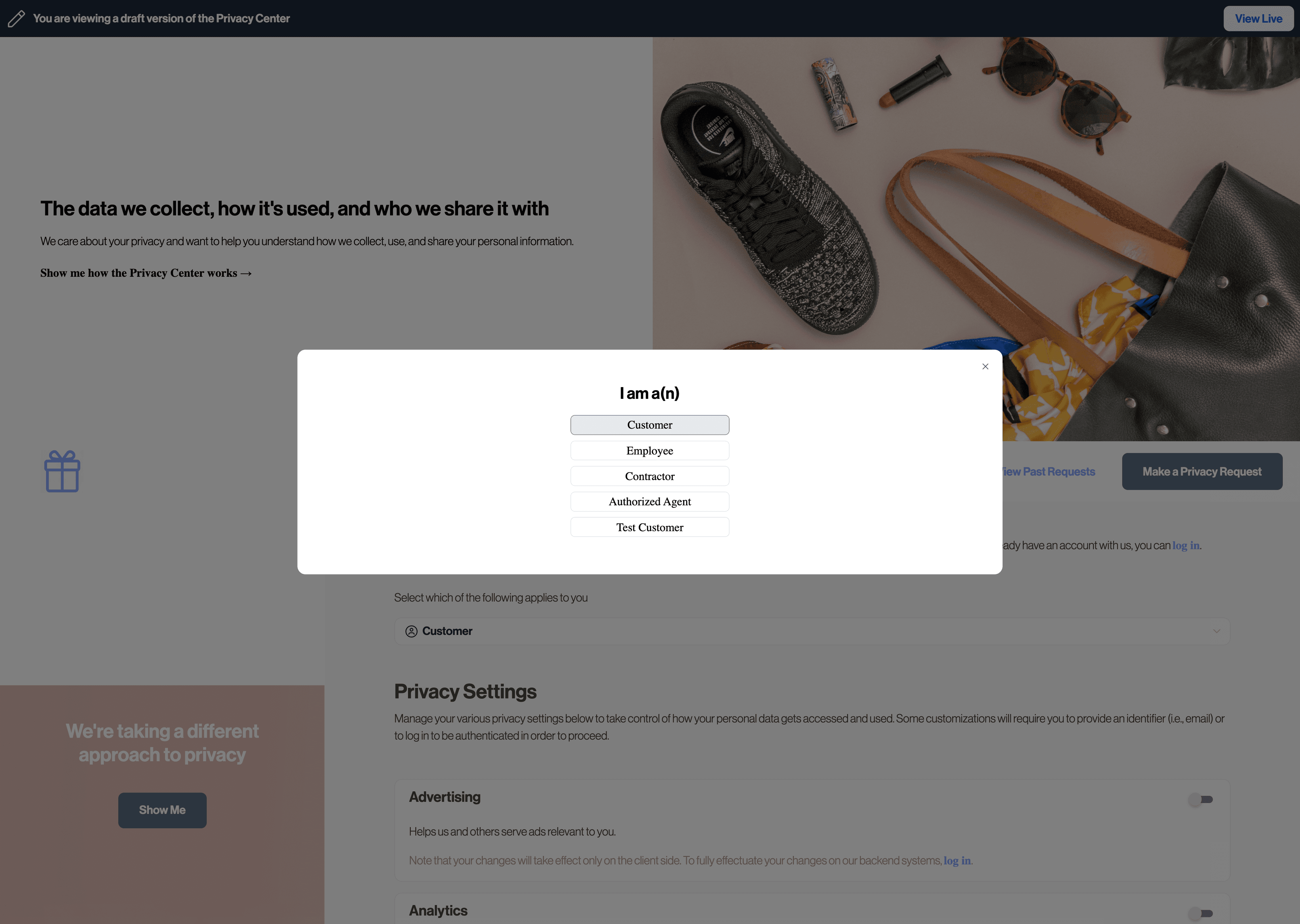 Example selection of data subject options including "Authorized Agent"