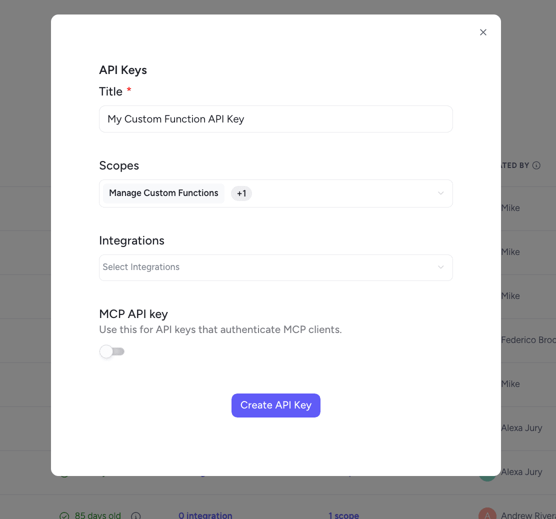 Custom Functions - Create API Key with Custom Function Scopes