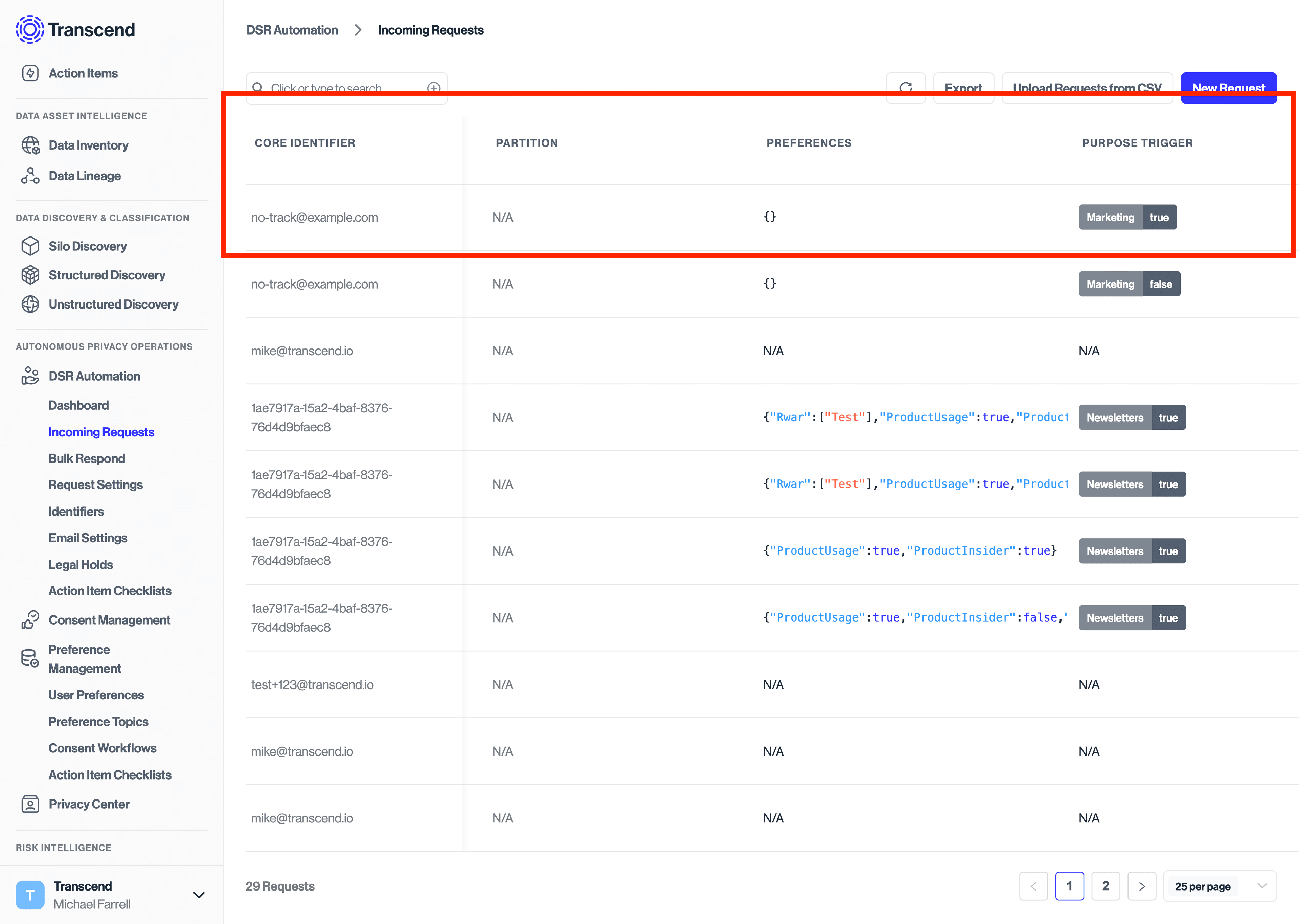 Preference Management creates DSR automation record under incoming requests