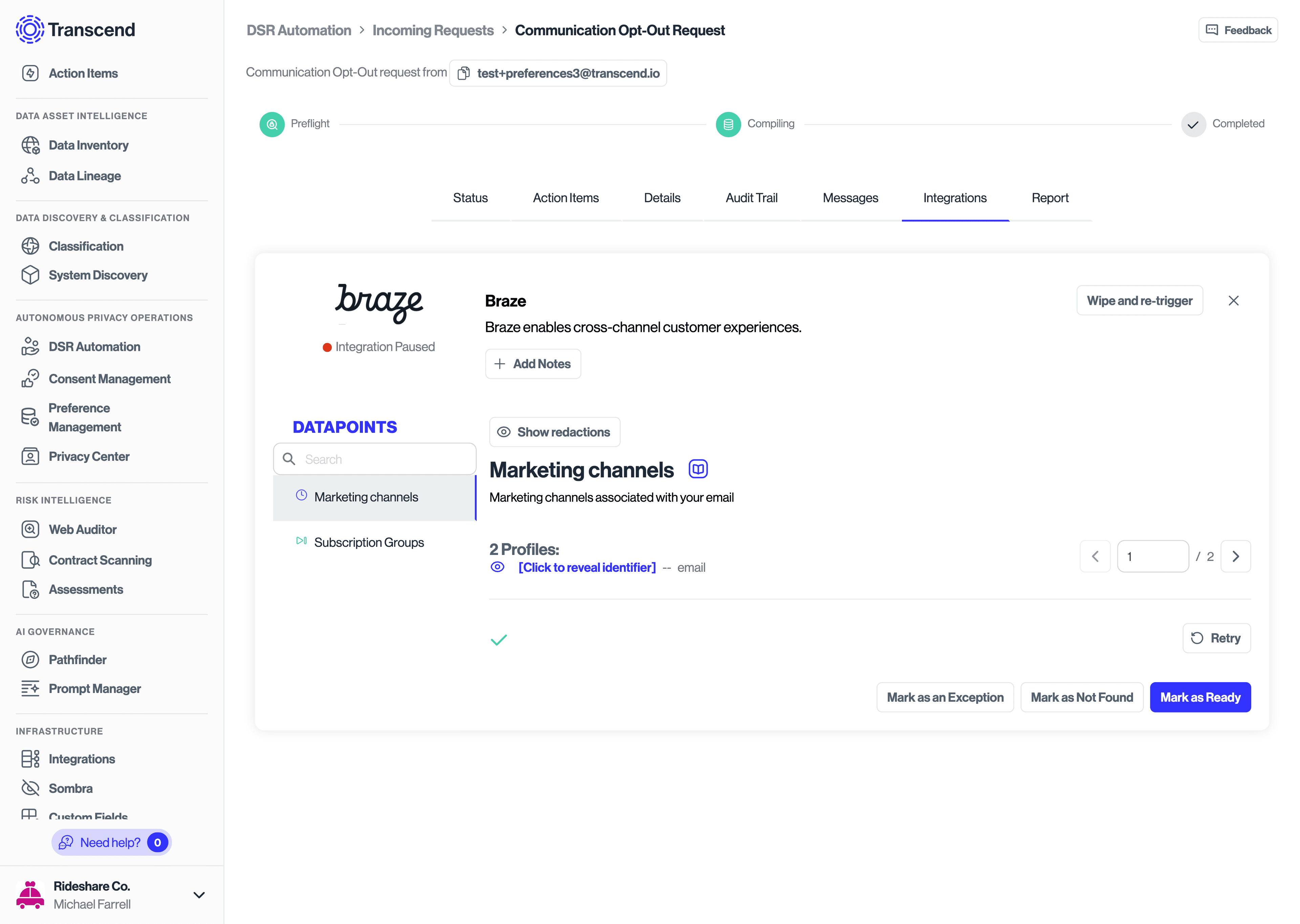 Shows the "Integration Paused" status for the specific data system page when you click on the paused data system from the "Integrations" tab of a DSR.