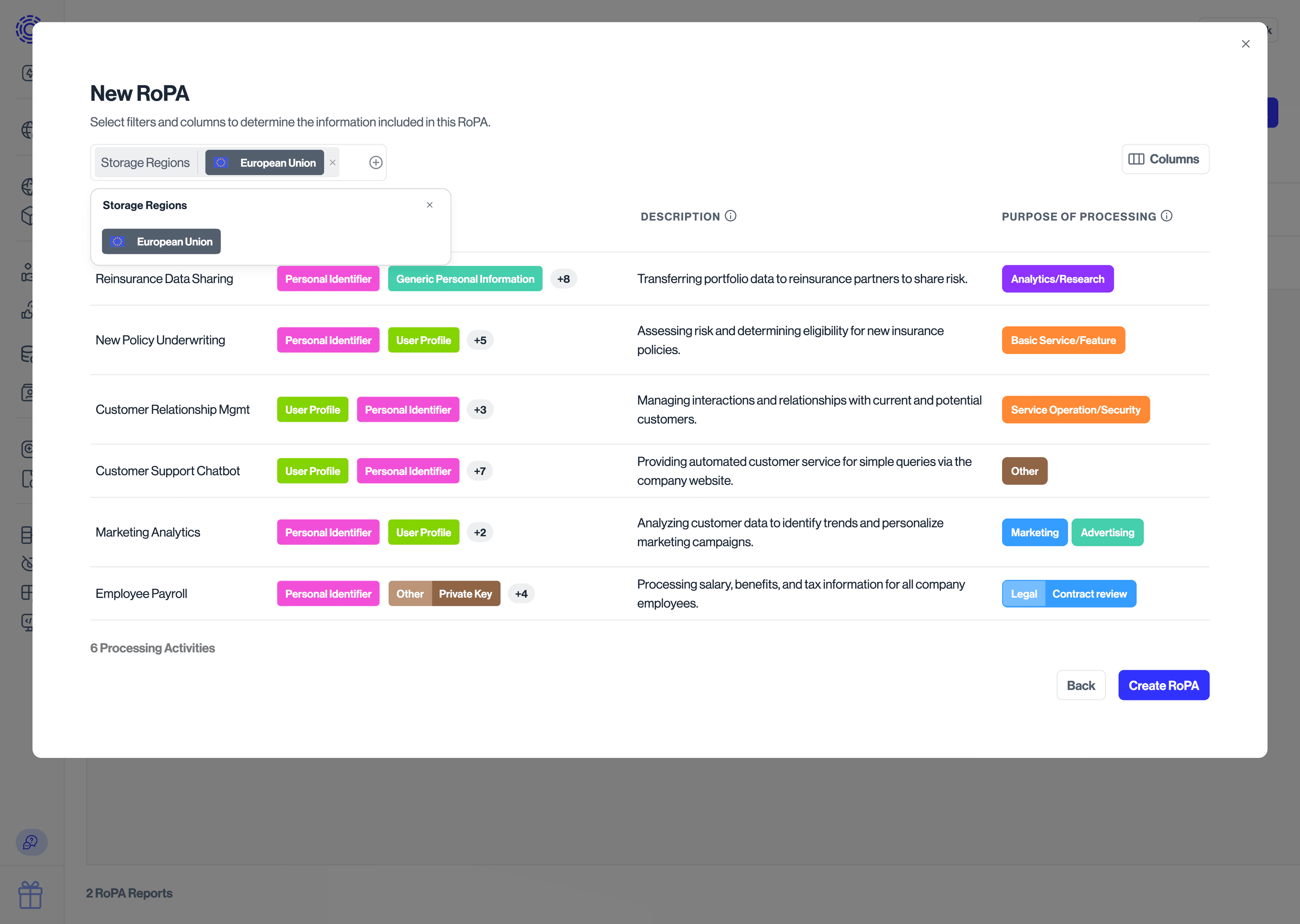 RoPA Report, new report modal, filtered for "Storage Region = EU"