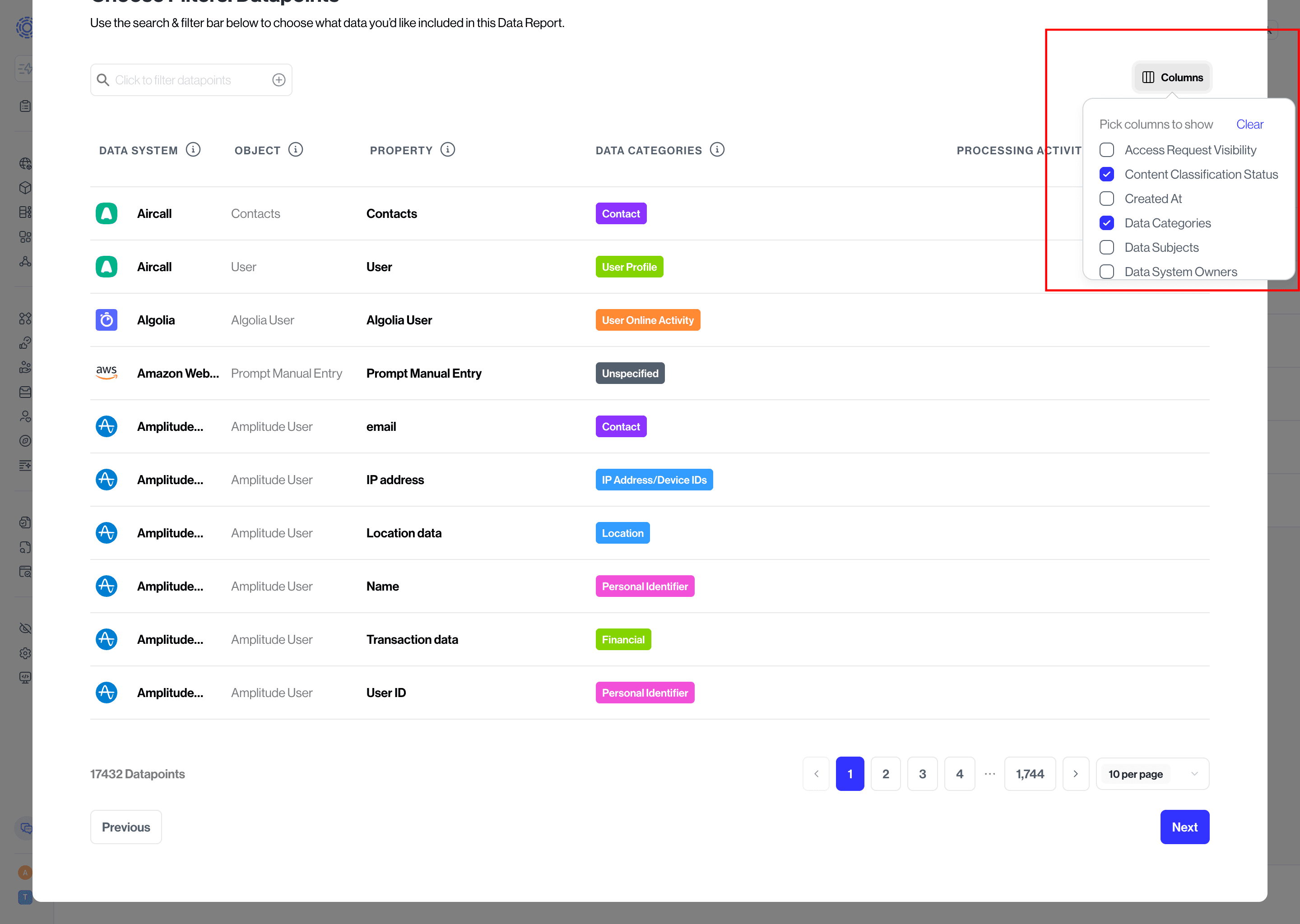 Data Reports Column Filters