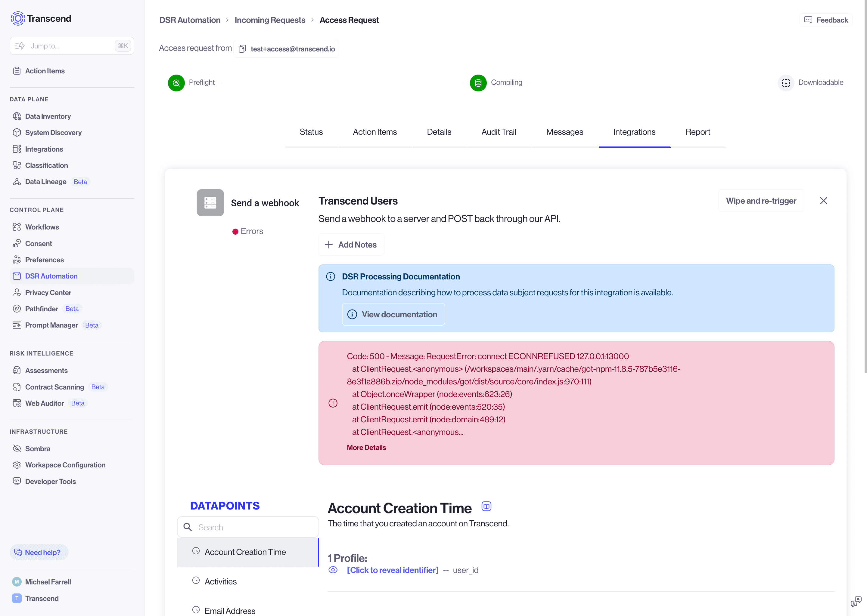 DSR processing docs callout shown on the individual request view. Click "View documentation" to see the documentation.