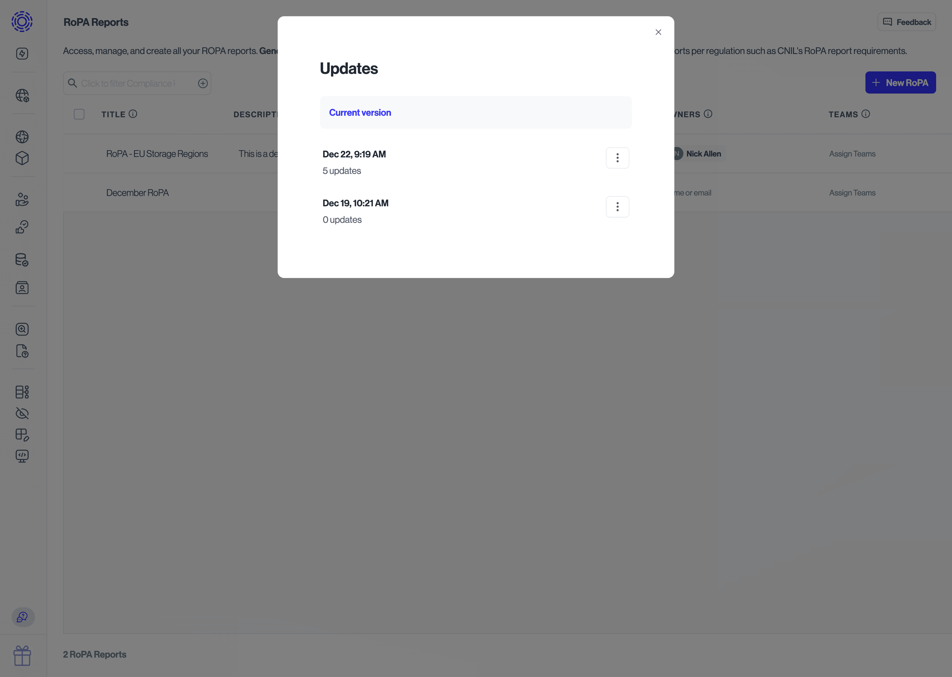 RoPA History Modal open, showing updates