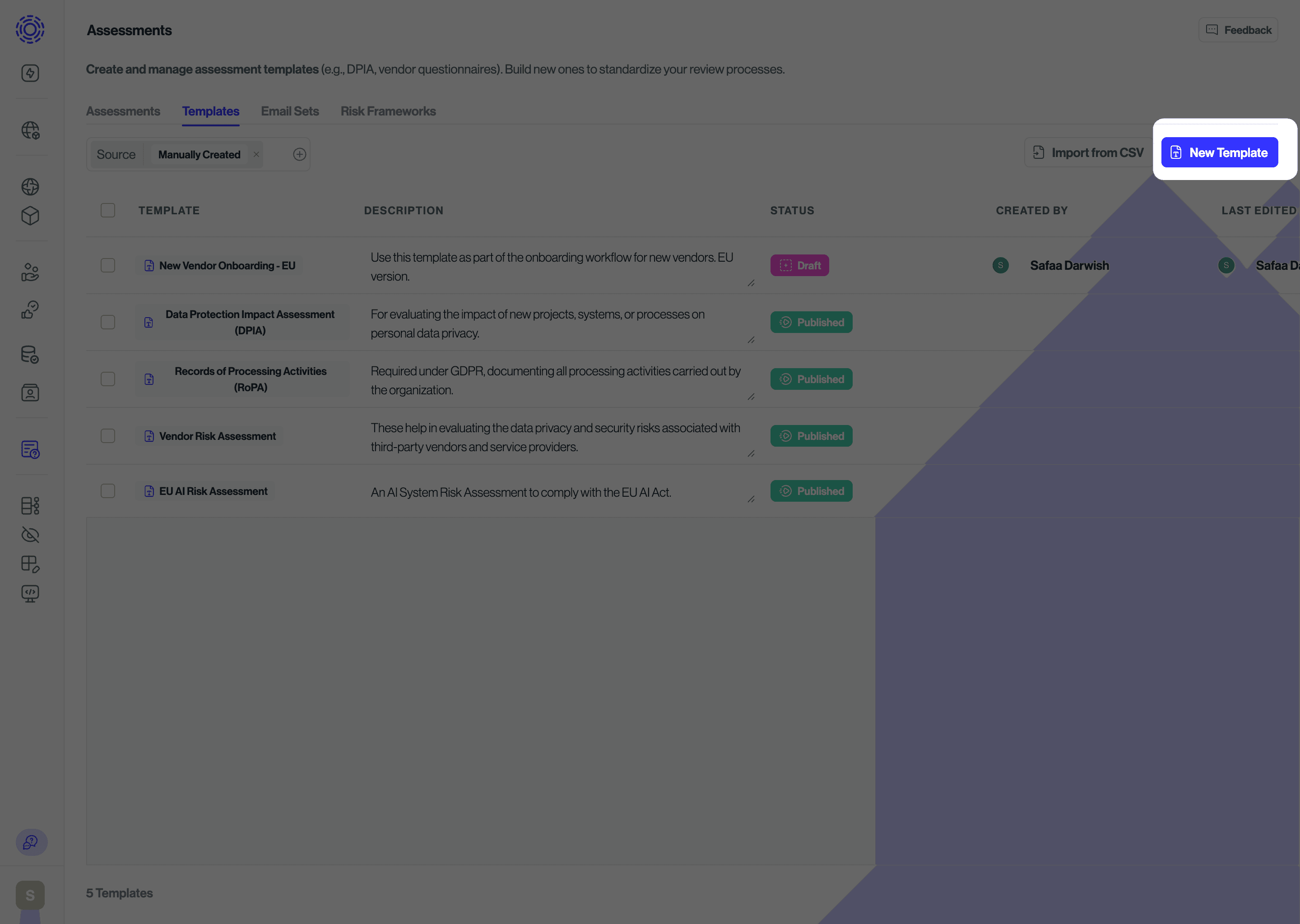 Assessments templates screen with New Assessment button highlighted.