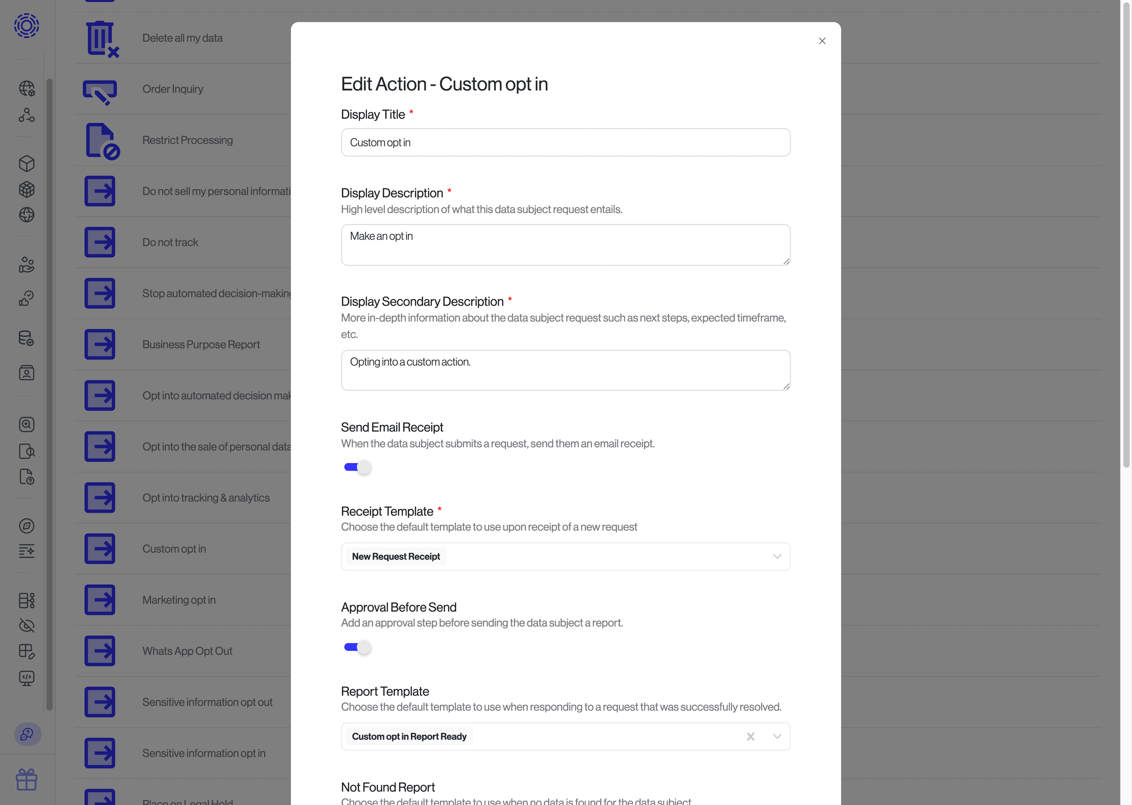 DSR Automation > Edit Data Action > Custom Opt-in View