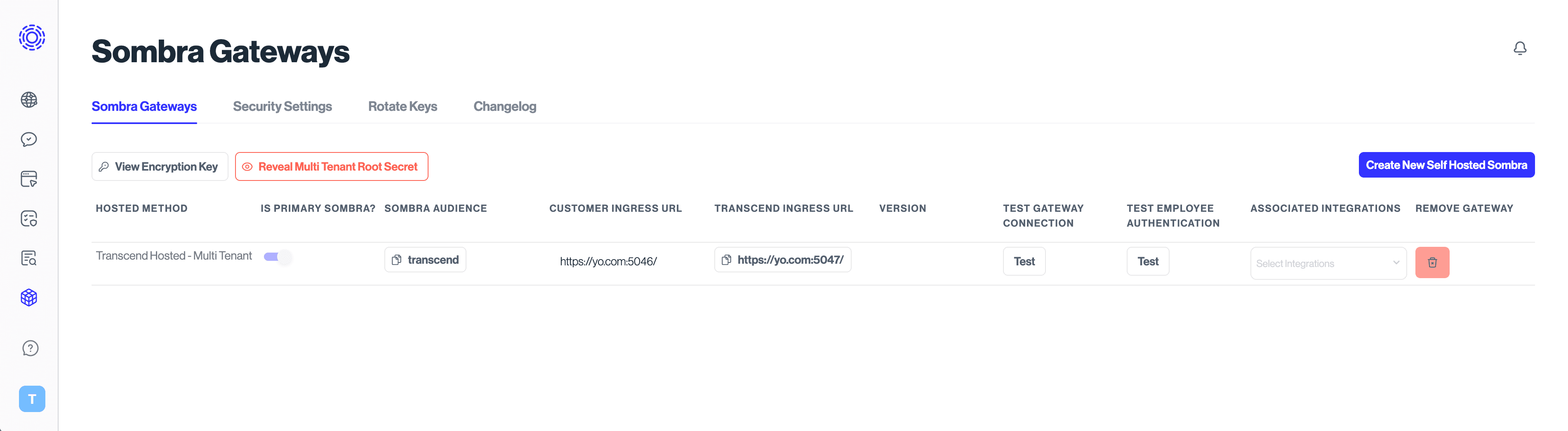 Sombra configuration page in the Admin Dashboard showing the View Encryption Key button