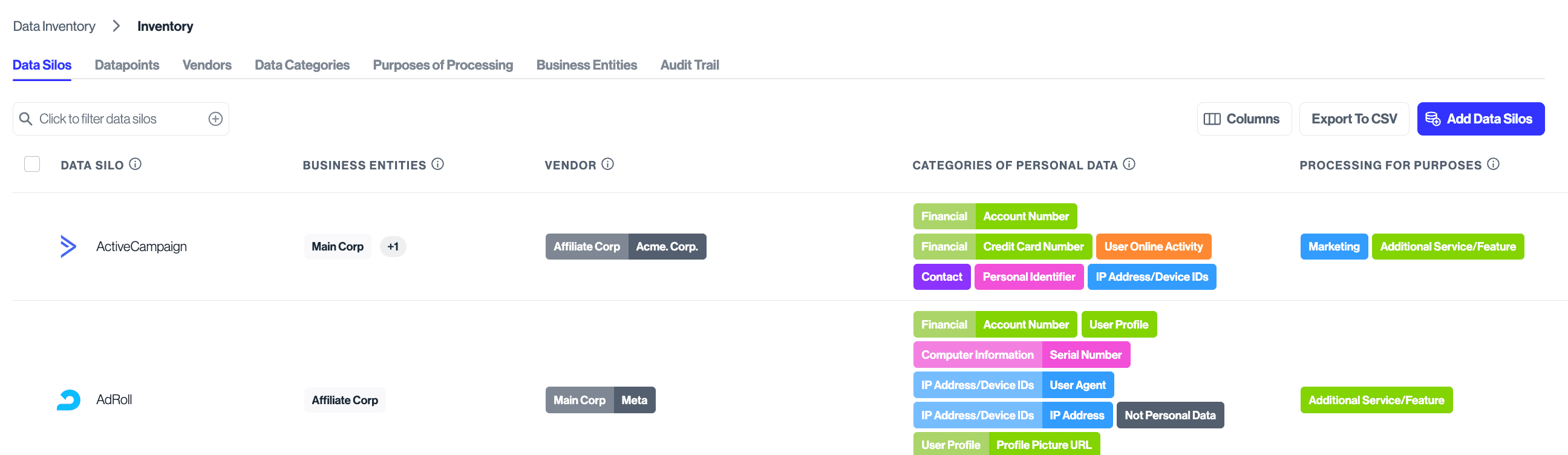 Business entities on data systems
