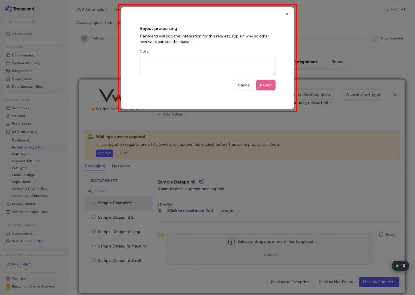 Reject dialog asking for a required note before rejecting the request