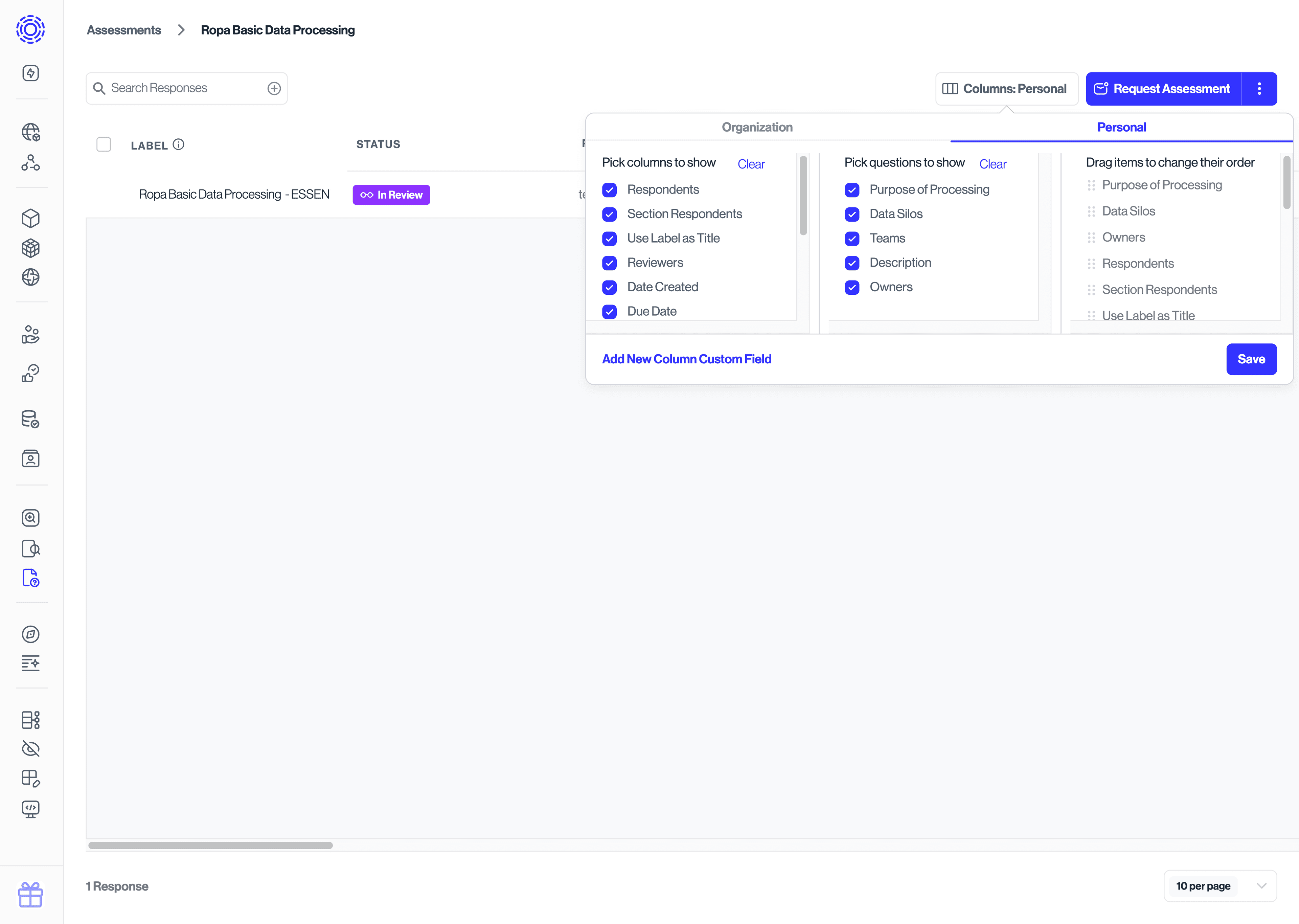 Column Selector Popup open