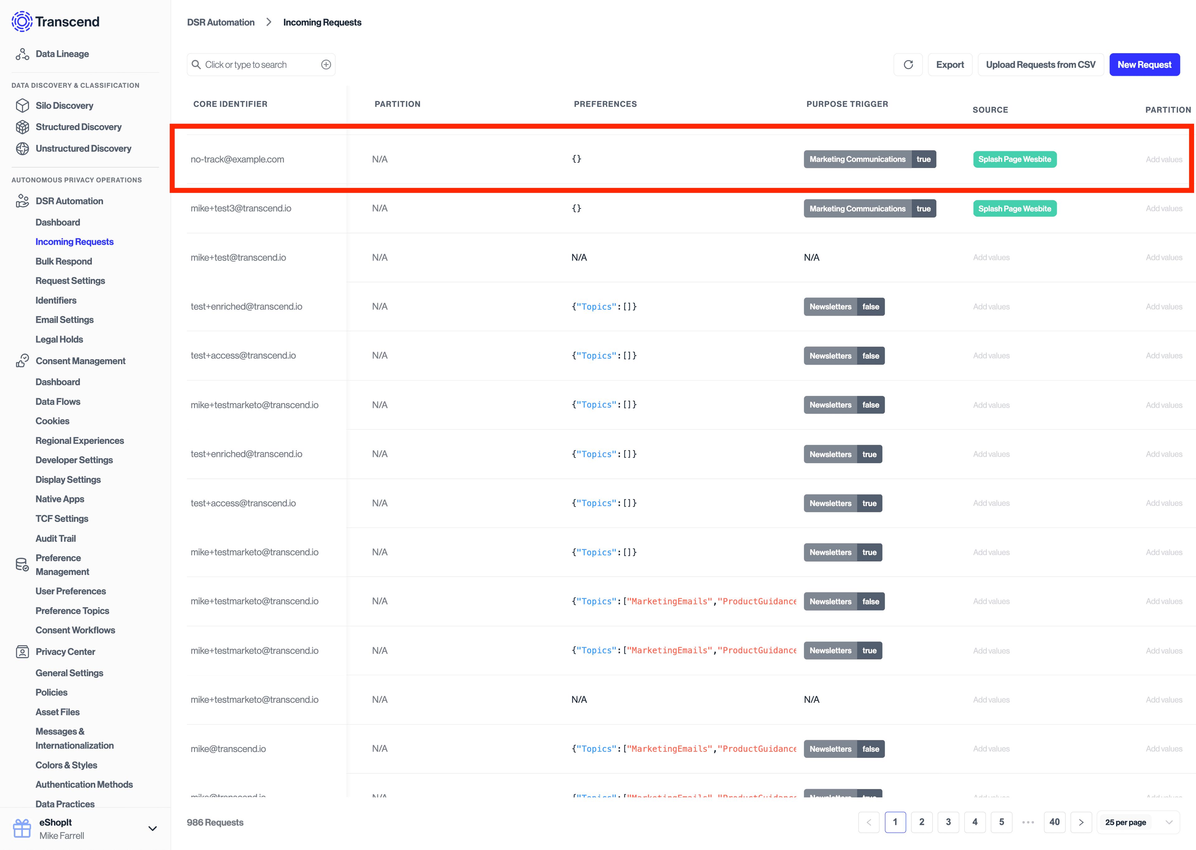 Preference Management creates DSR automation record under incoming requests
