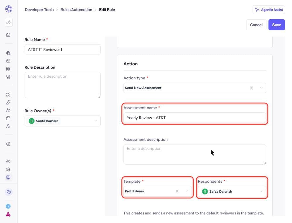 Add information for action: send new assessment.