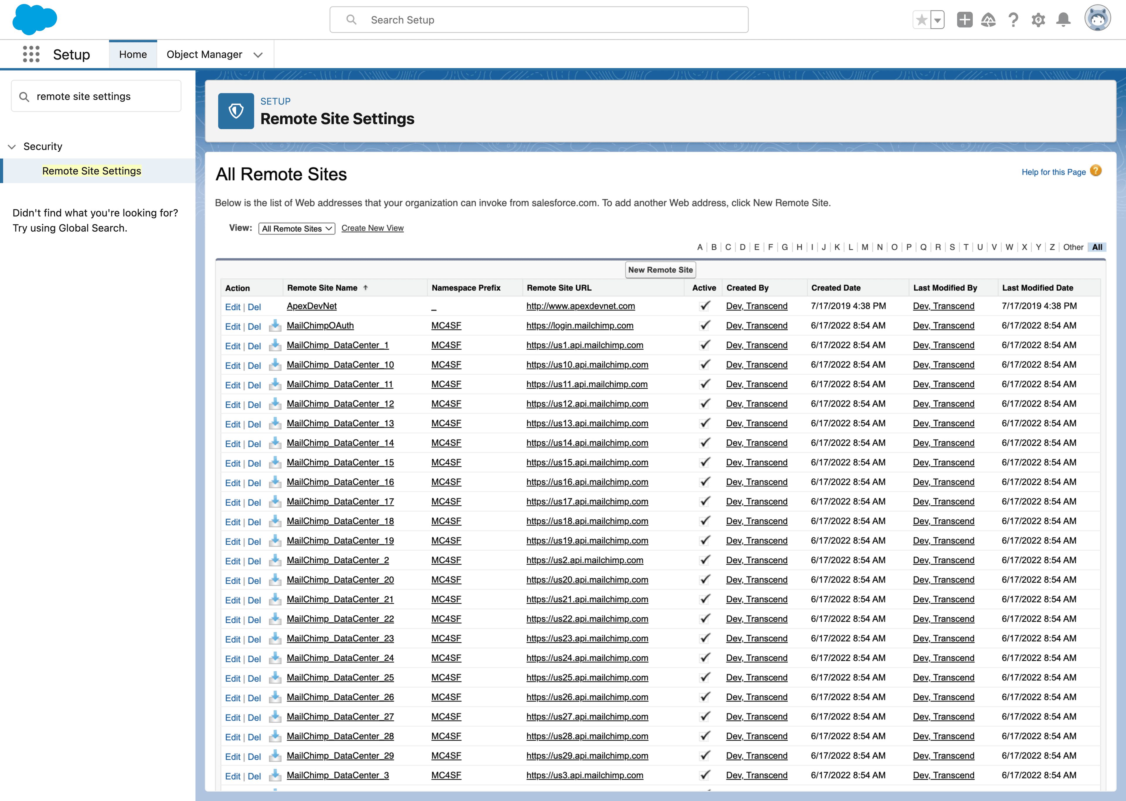 Search Remote Site Settings