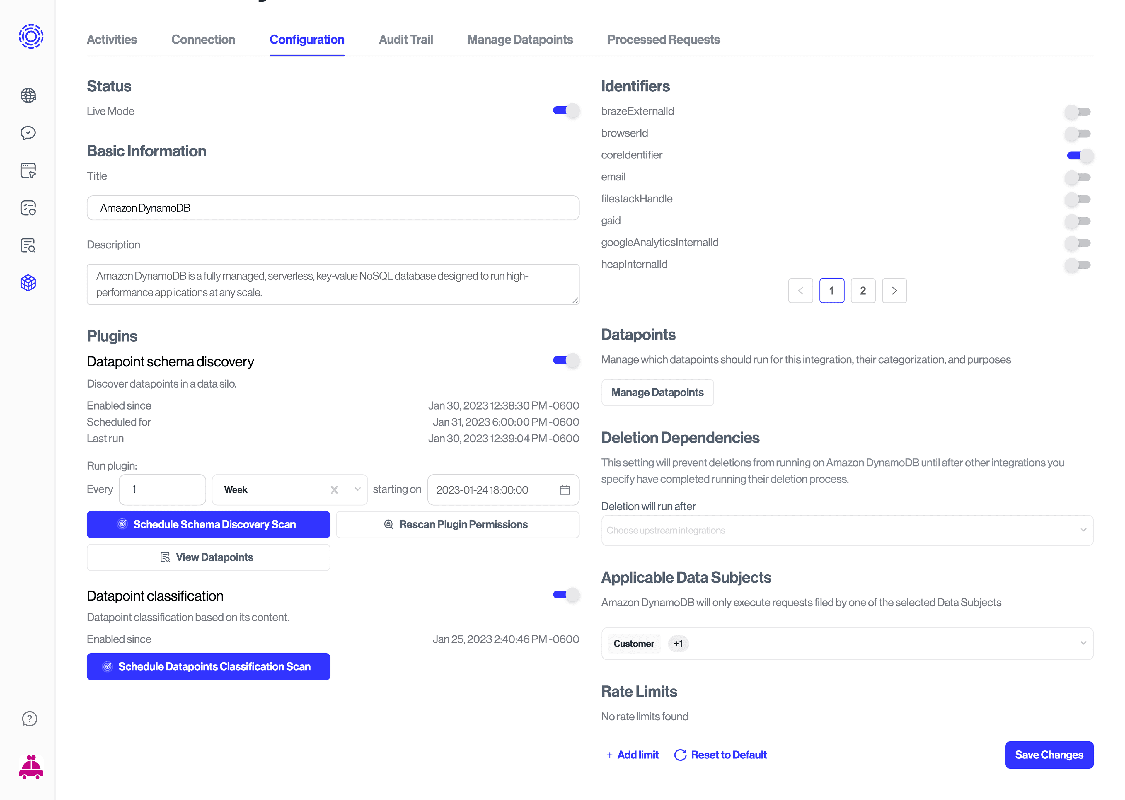 The scan configuration page for DynamoDB
